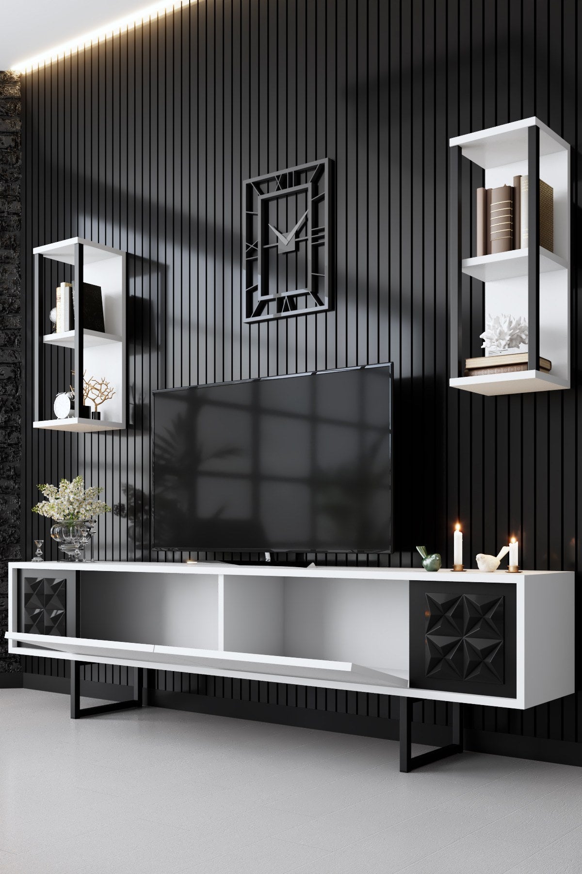 Ensemble de meubles Blanc-Noir - Ligne Noire - Table basse + Meuble TV