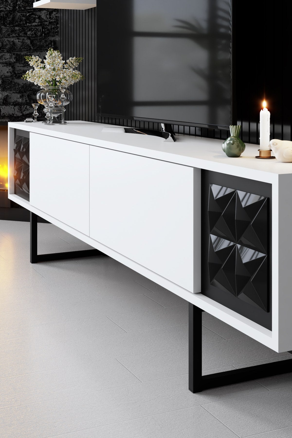 Ensemble de meubles Blanc-Noir - Ligne Noire - Table basse + Meuble TV