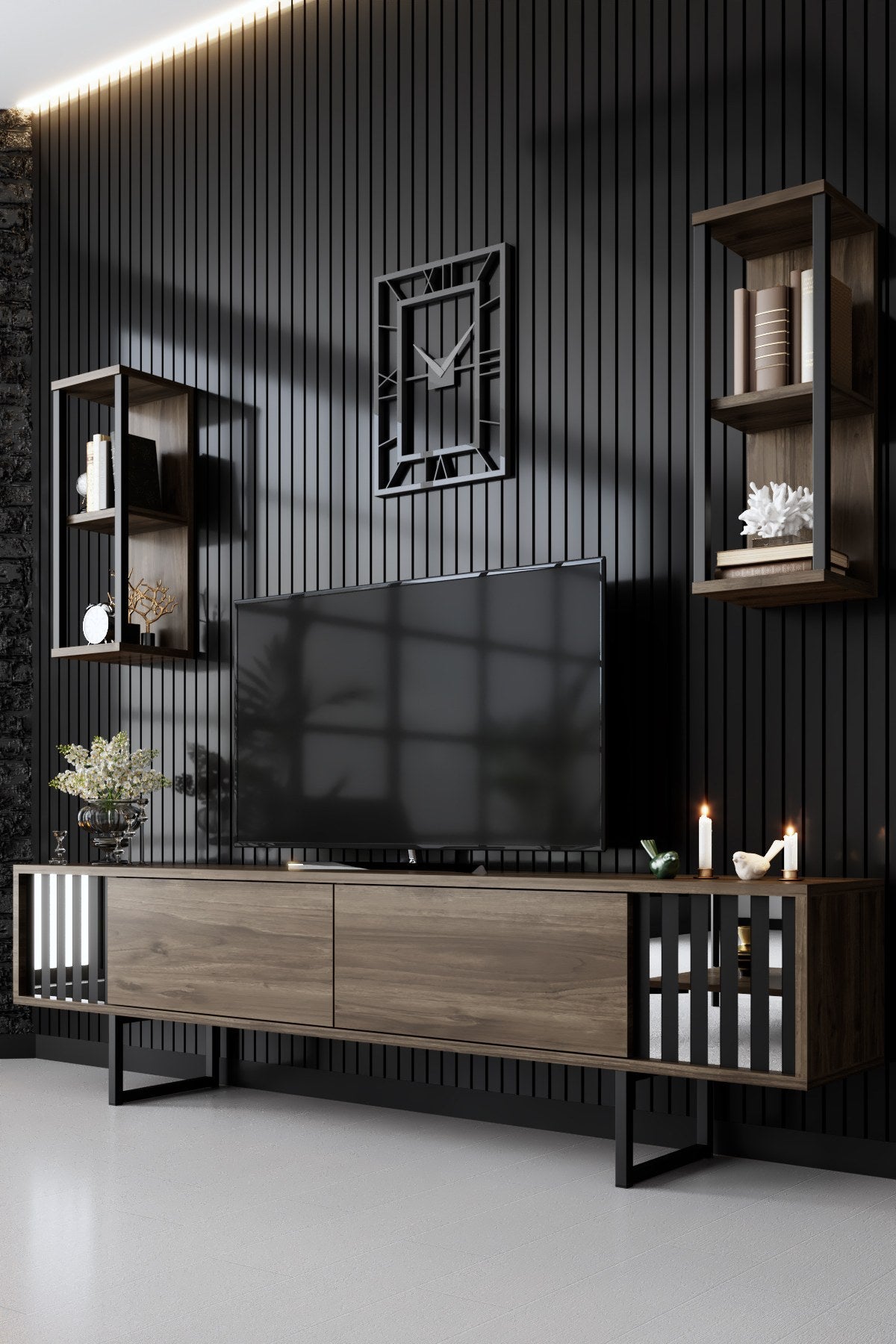 Ensemble de meubles Noyer-Noir - Ligne Chrome - Table basse + Meuble TV