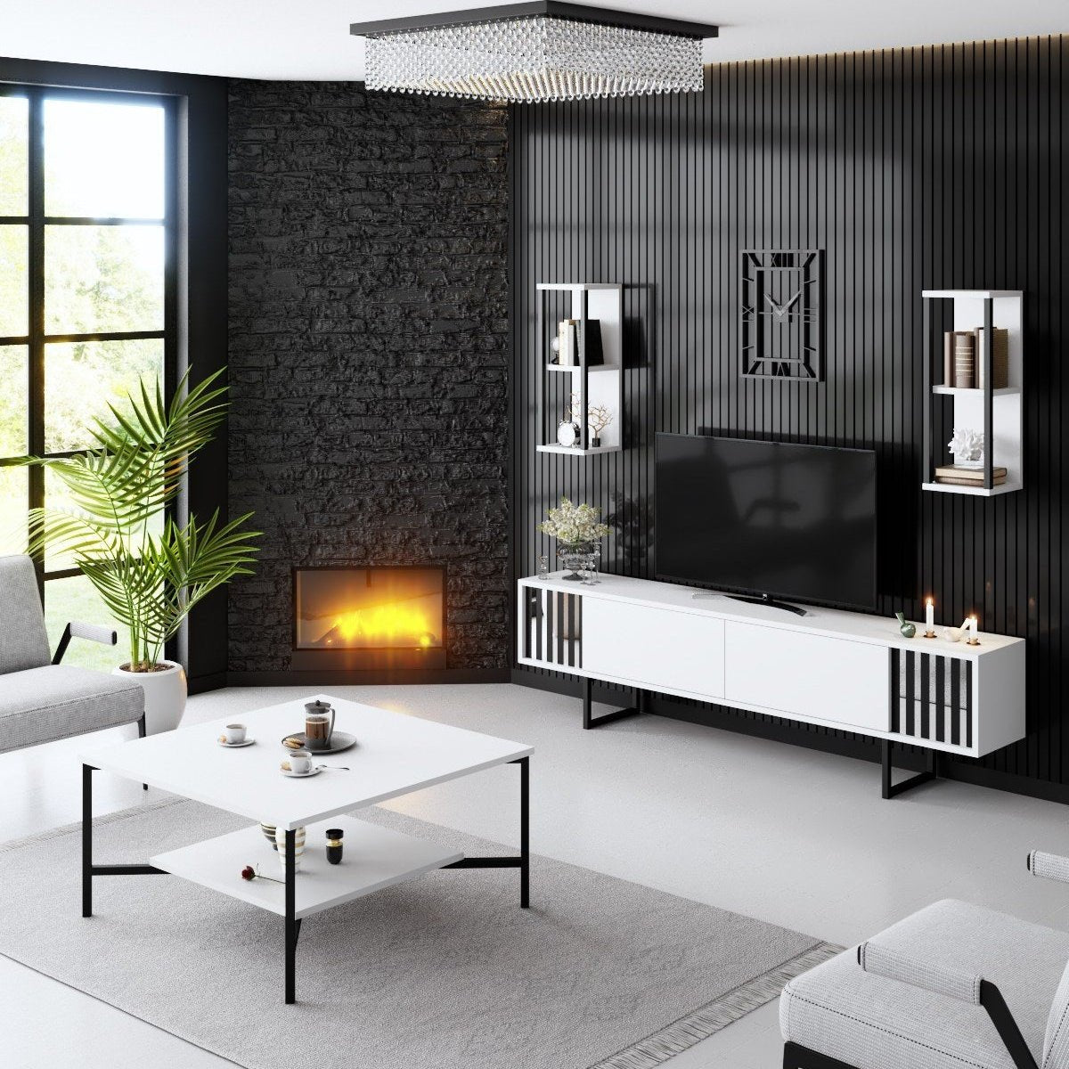 Ensemble de meubles Blanc-Noir - Ligne Chrome - Table basse + Meuble TV