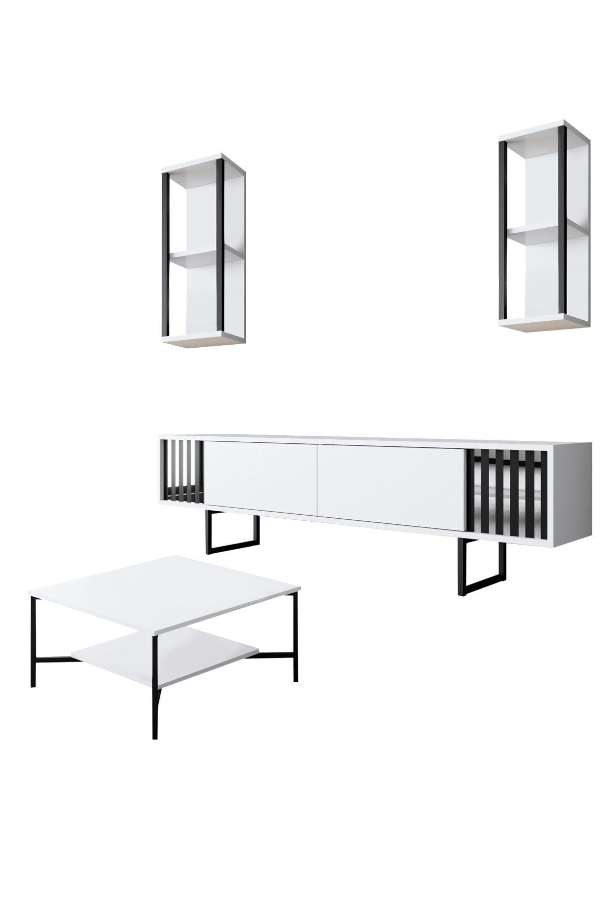 Ensemble de meubles Blanc-Noir - Ligne Chrome - Table basse + Meuble TV