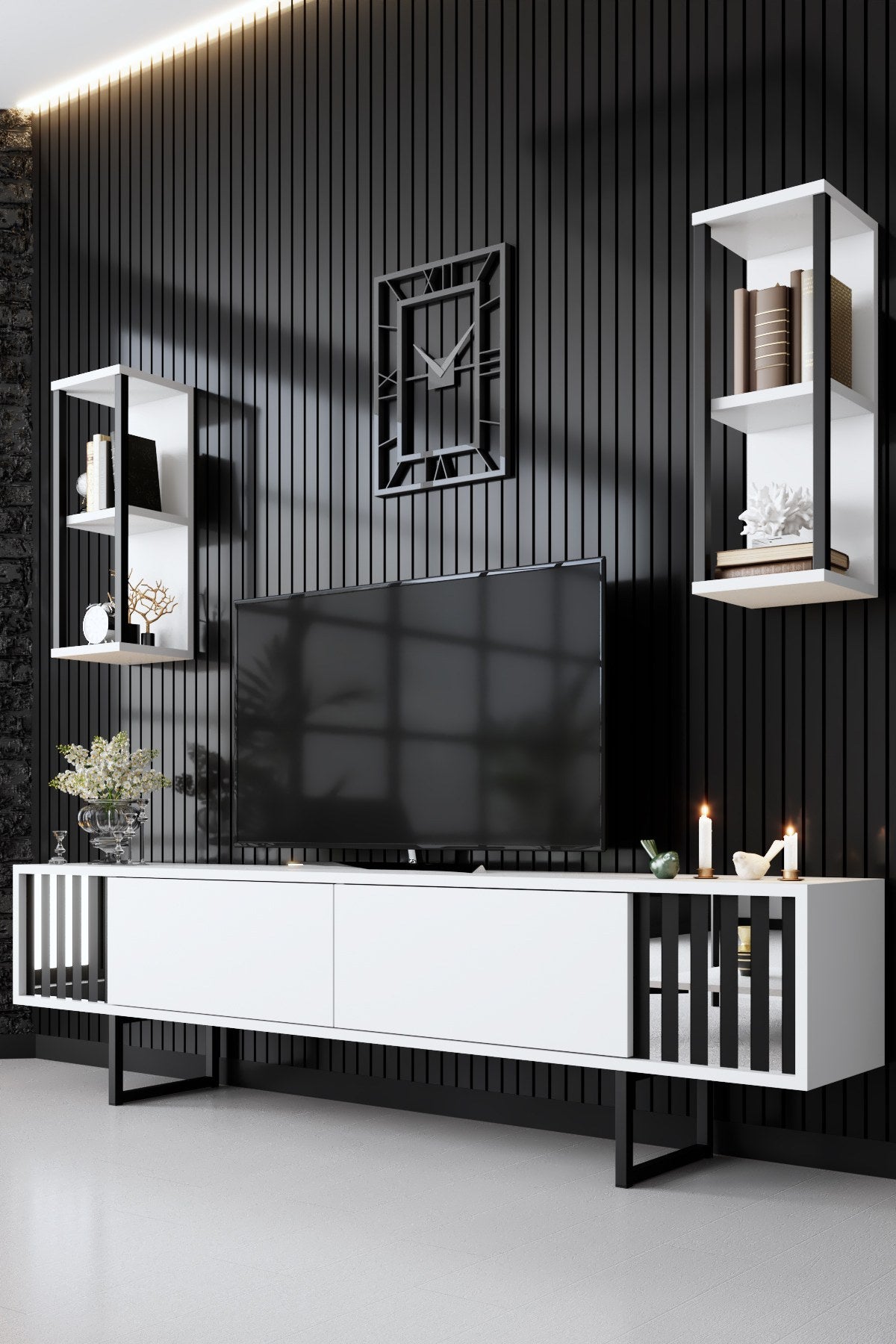 Ensemble de meubles Blanc-Noir - Ligne Chrome - Table basse + Meuble TV