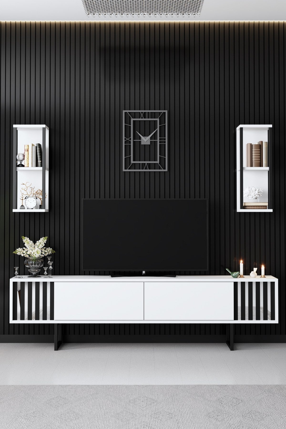 Ensemble de meubles Blanc-Noir - Ligne Chrome - Table basse + Meuble TV