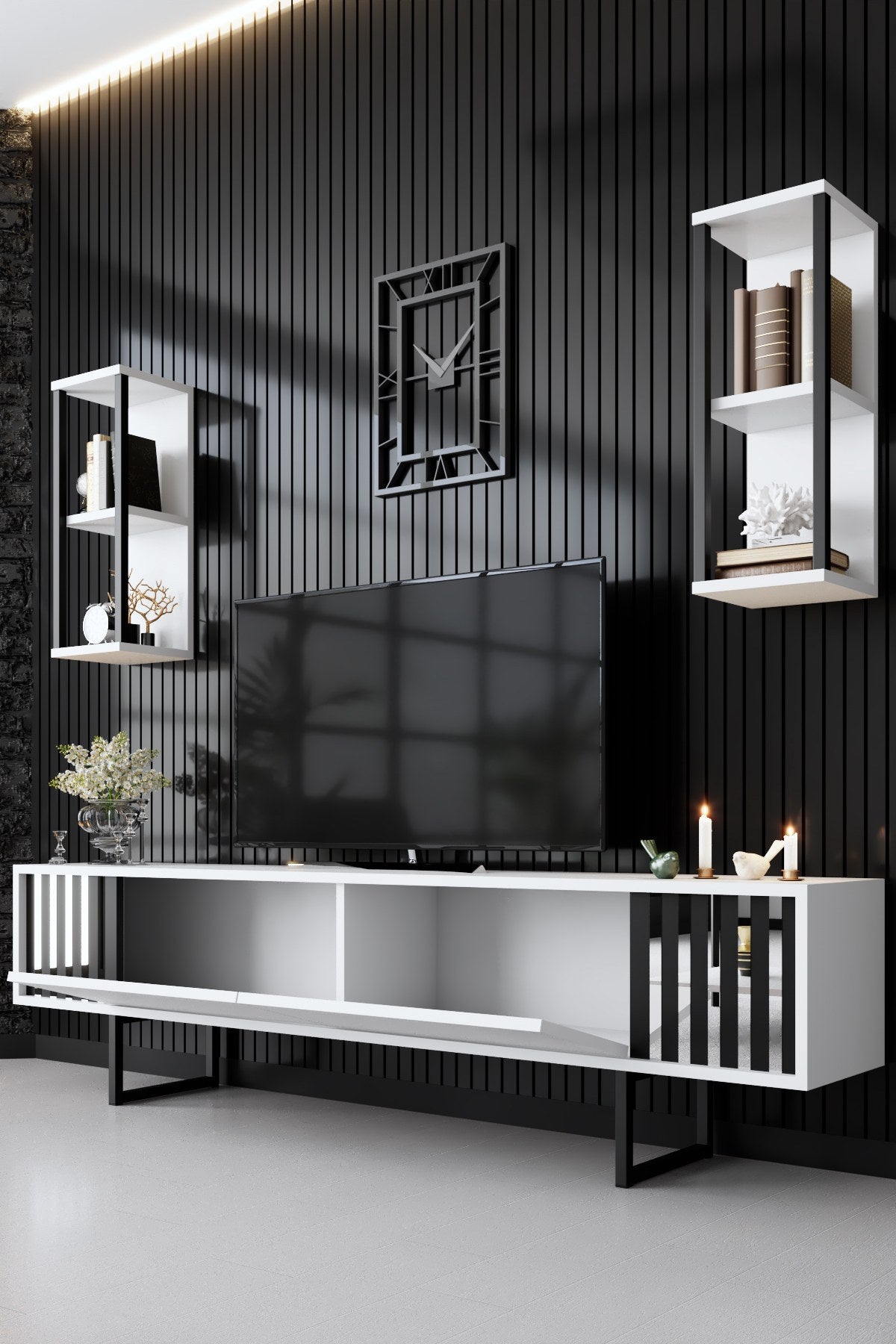 Ensemble de meubles Blanc-Noir - Ligne Chrome - Table basse + Meuble TV