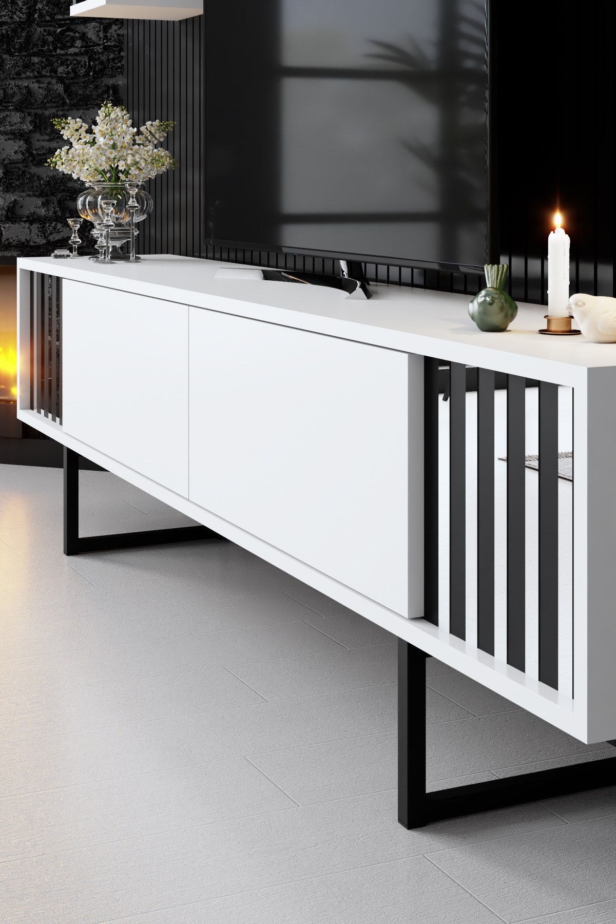 Ensemble de meubles Blanc-Noir - Ligne Chrome - Table basse + Meuble TV