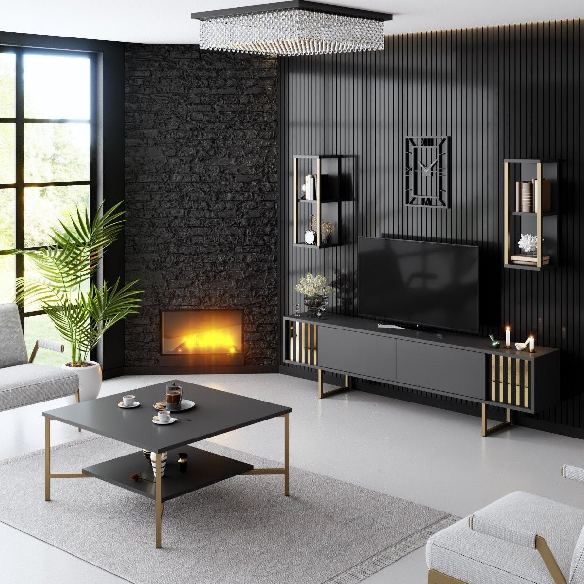 Ensemble de meubles Anthracite-Or - Ligne Gold - Table basse + Meuble TV