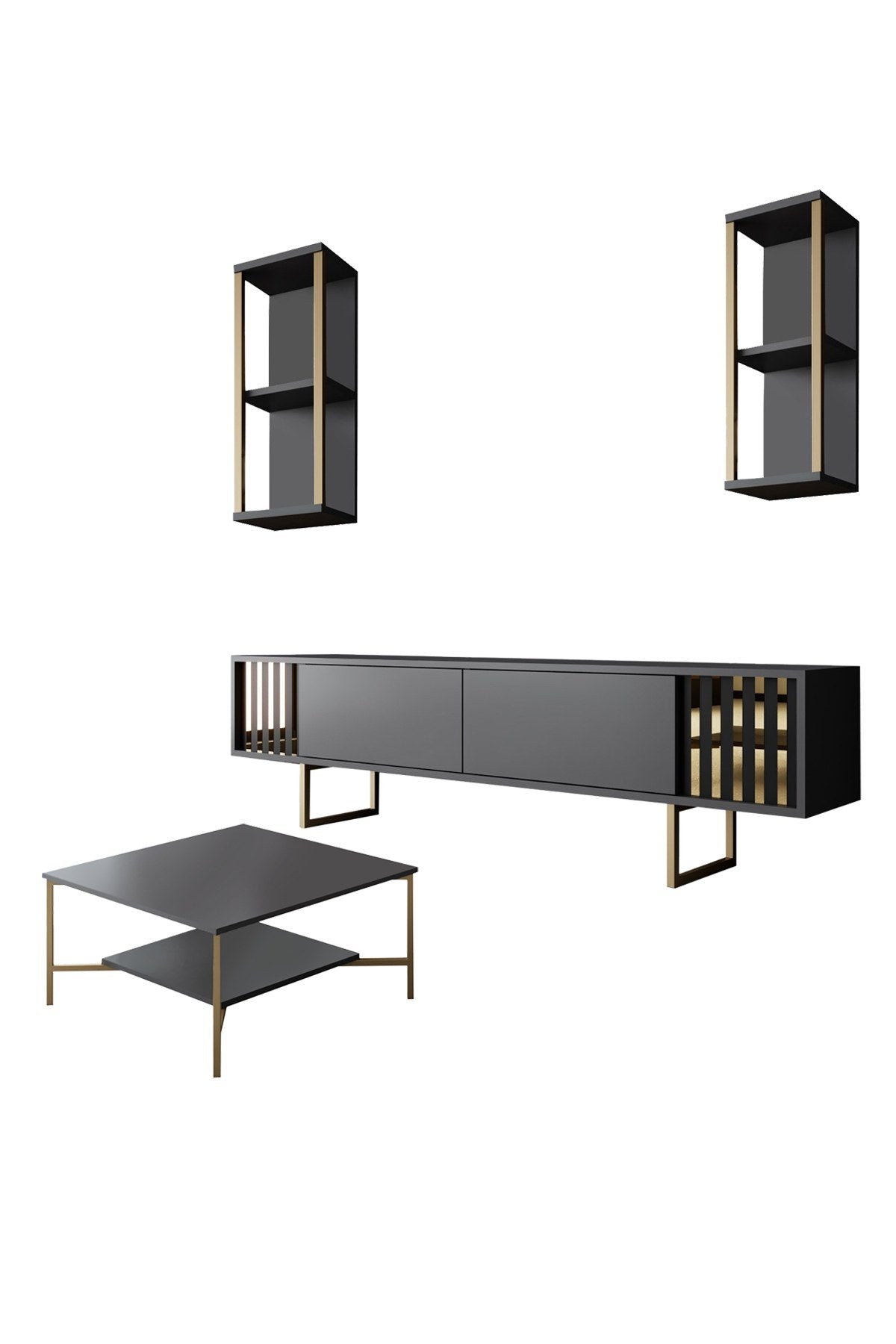 Ensemble de meubles Anthracite-Or - Ligne Gold - Table basse + Meuble TV