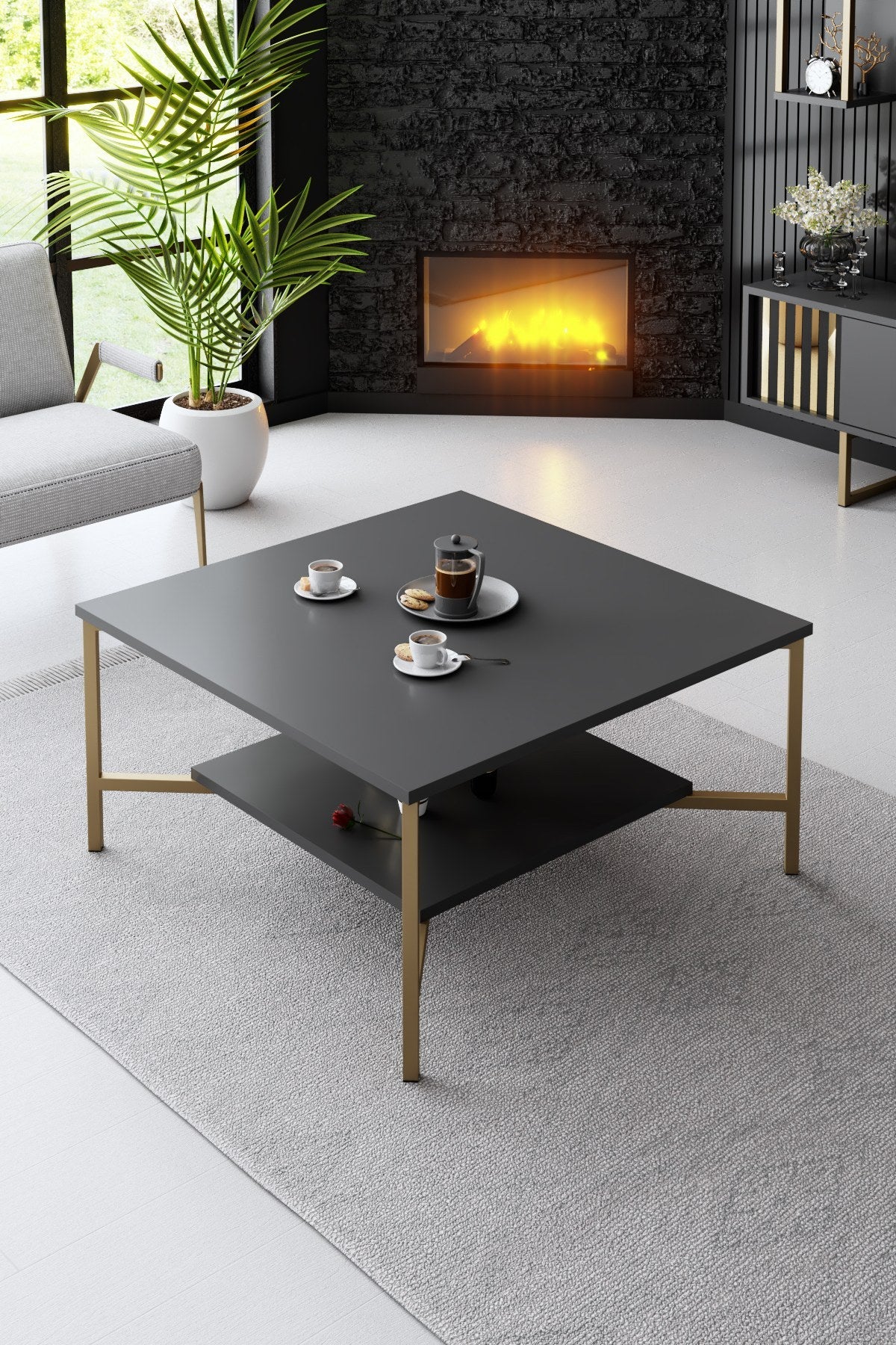 Ensemble de meubles Anthracite-Or - Ligne Gold - Table basse + Meuble TV