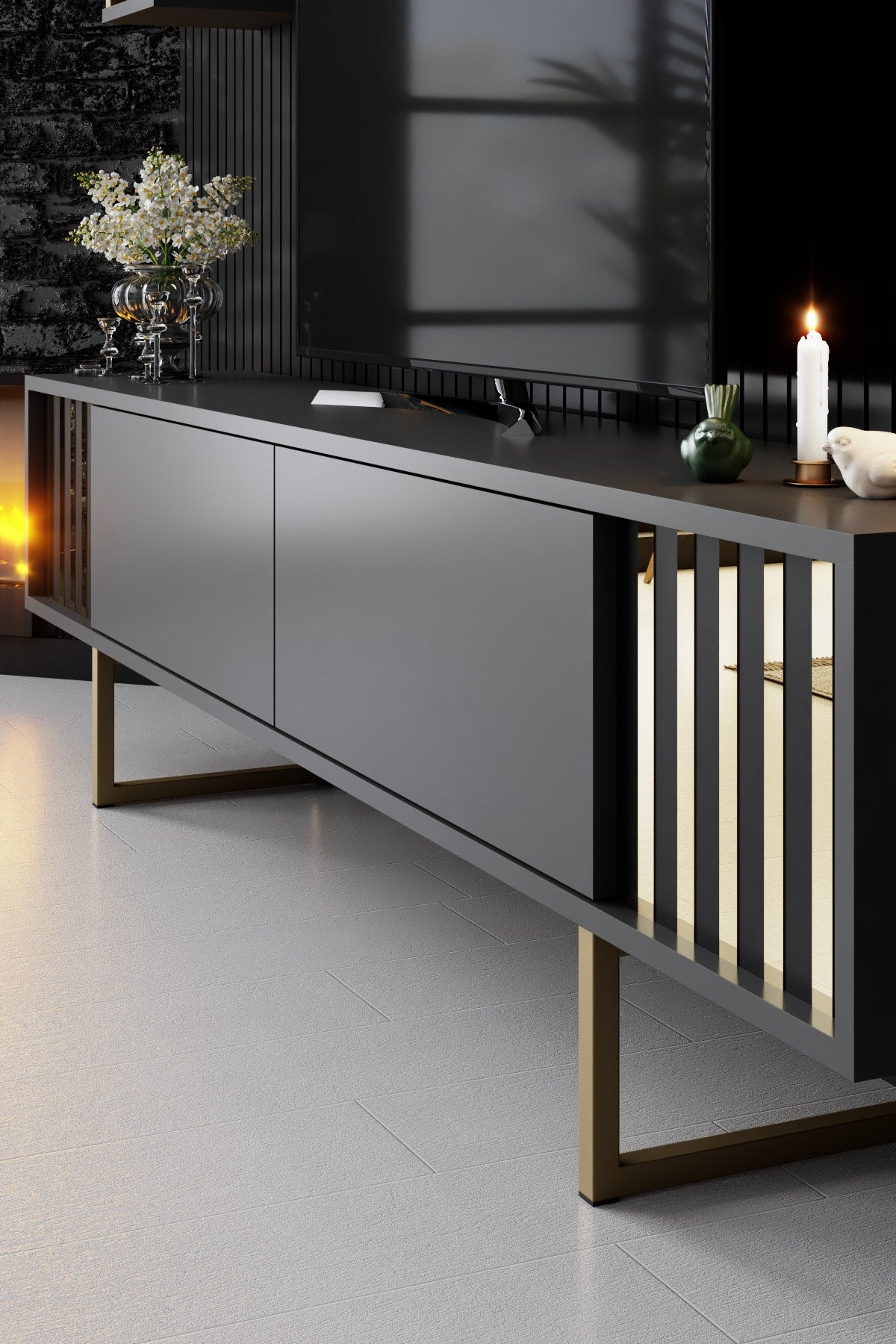 Ensemble de meubles Anthracite-Or - Ligne Gold - Table basse + Meuble TV