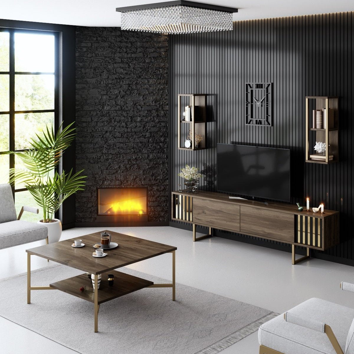 Meubelset Walnoot-Goud - Gold Line - Salontafel + TV Meubel