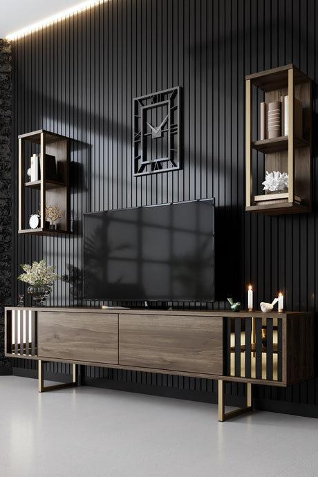 Ensemble de meubles Noyer-Doré - Ligne Gold - Table basse + Meuble TV