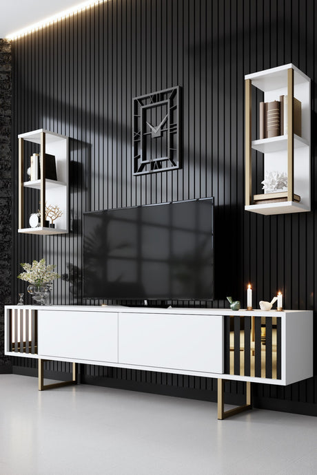 Ensemble de meubles Blanc-Or - Ligne Gold - Table basse + Meuble TV