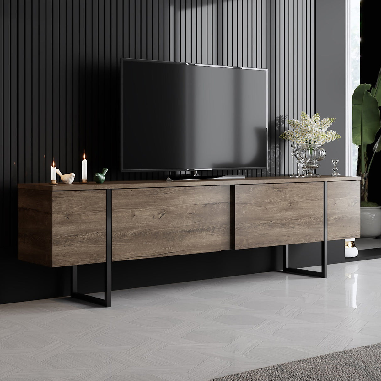 Meubelset Walnoot Luxe - Salontafel + TV Meubel - Zwart Frame