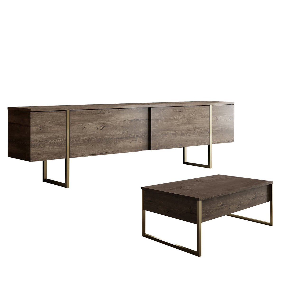 Ensemble de meubles de luxe en noyer - Table basse + meuble TV - Cadre doré
