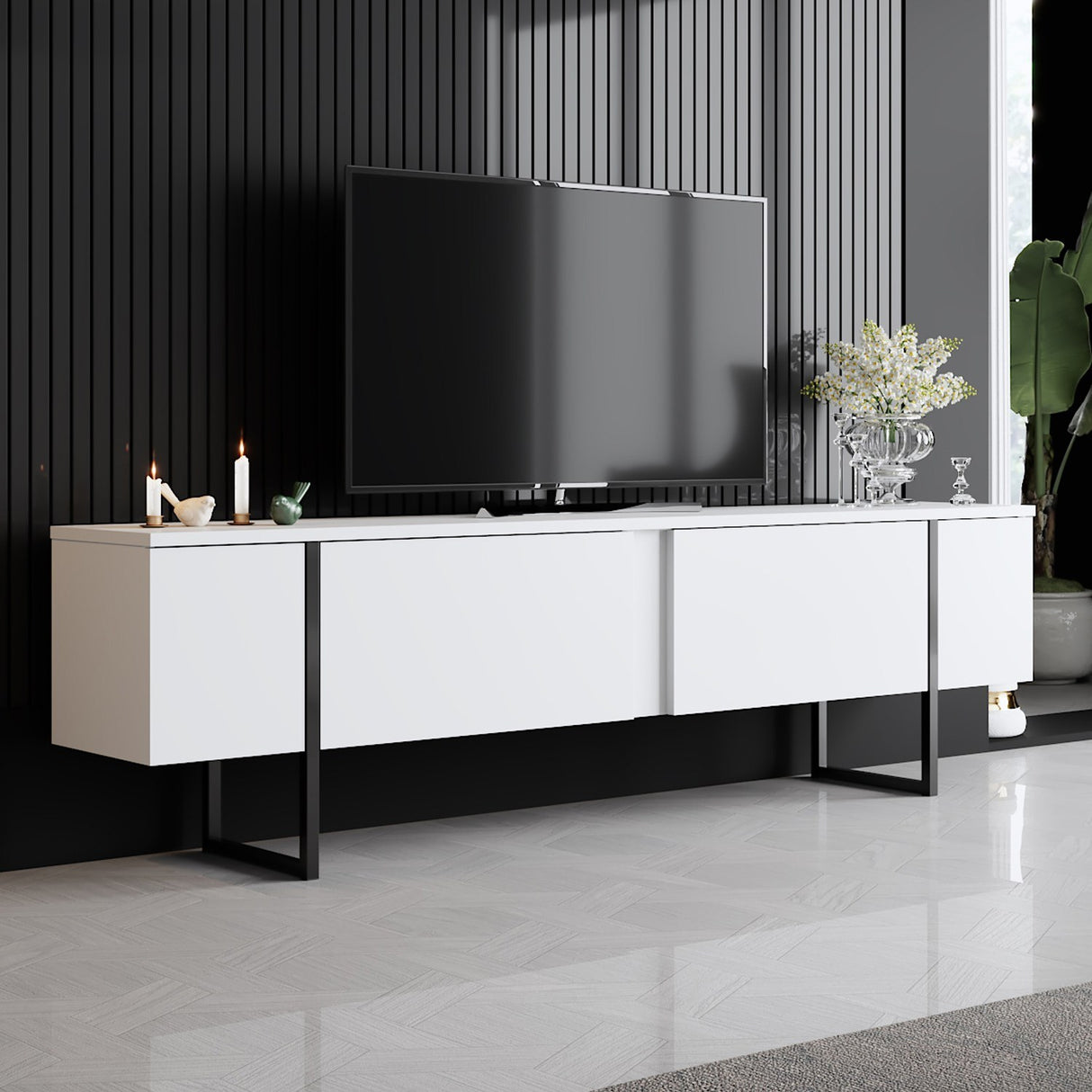 Ensemble de meubles White Luxury - Table basse + meuble TV - Cadre noir