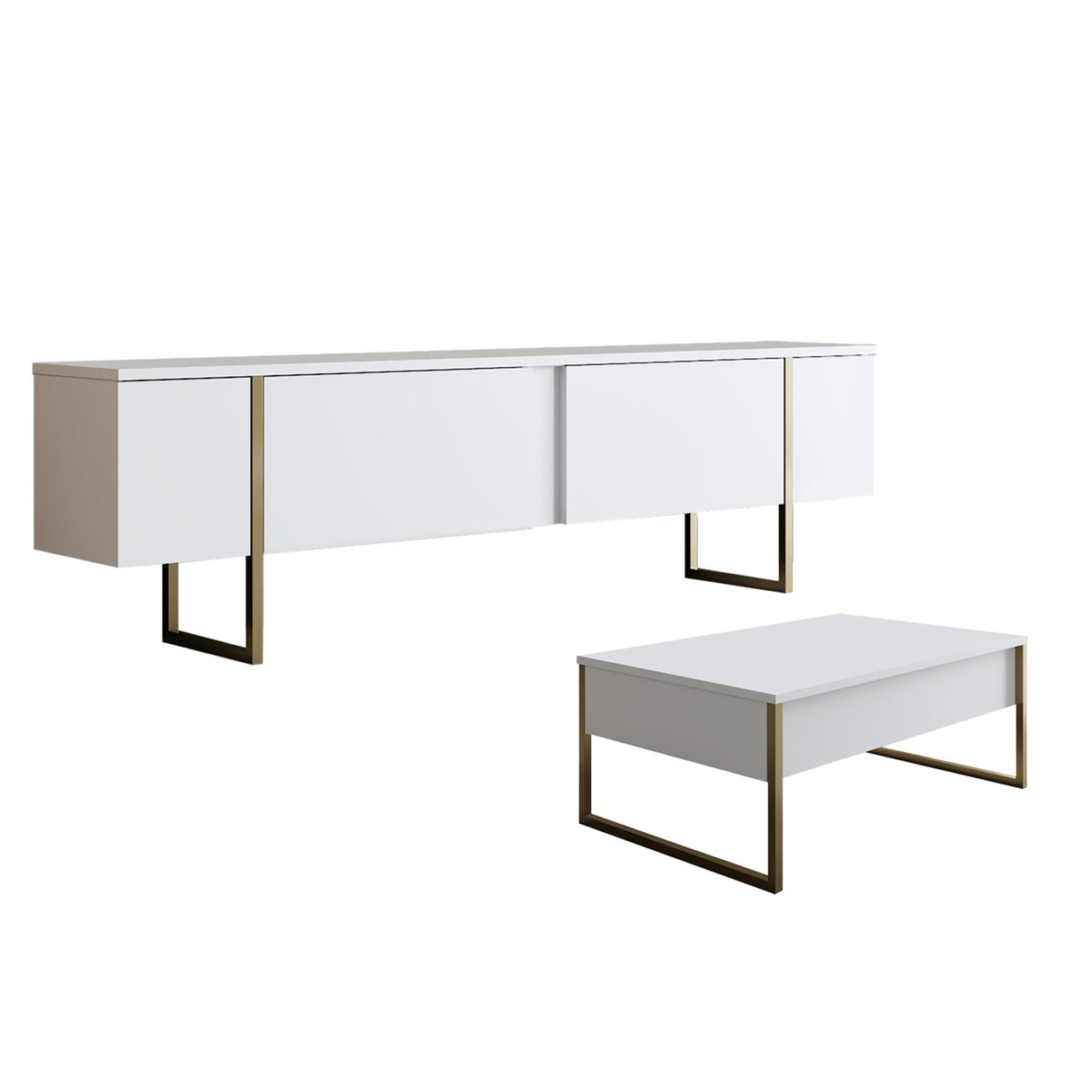 Ensemble de meubles Blanc Luxe - Table basse + Meuble TV - Cadre doré