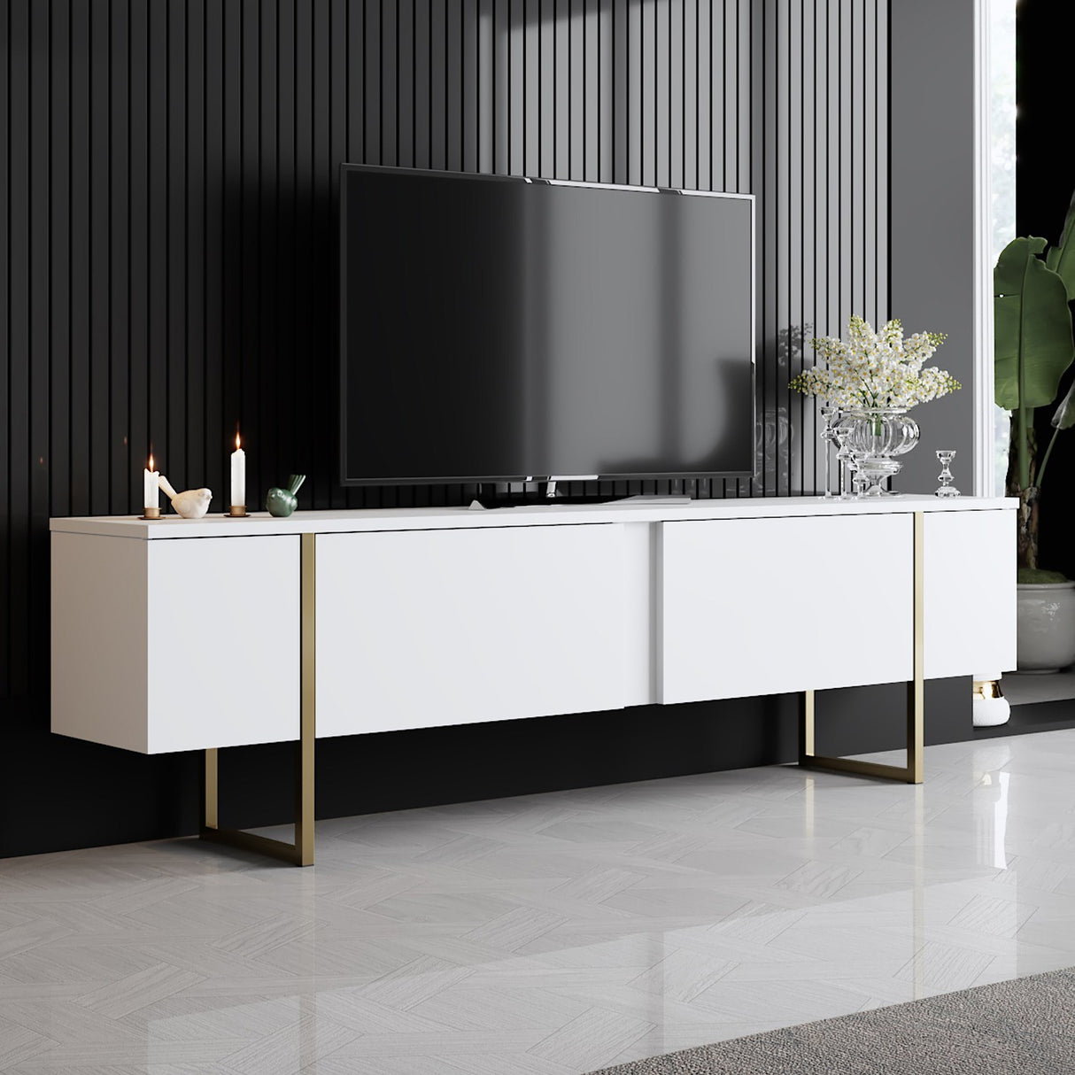 Ensemble de meubles Blanc Luxe - Table basse + Meuble TV - Cadre doré