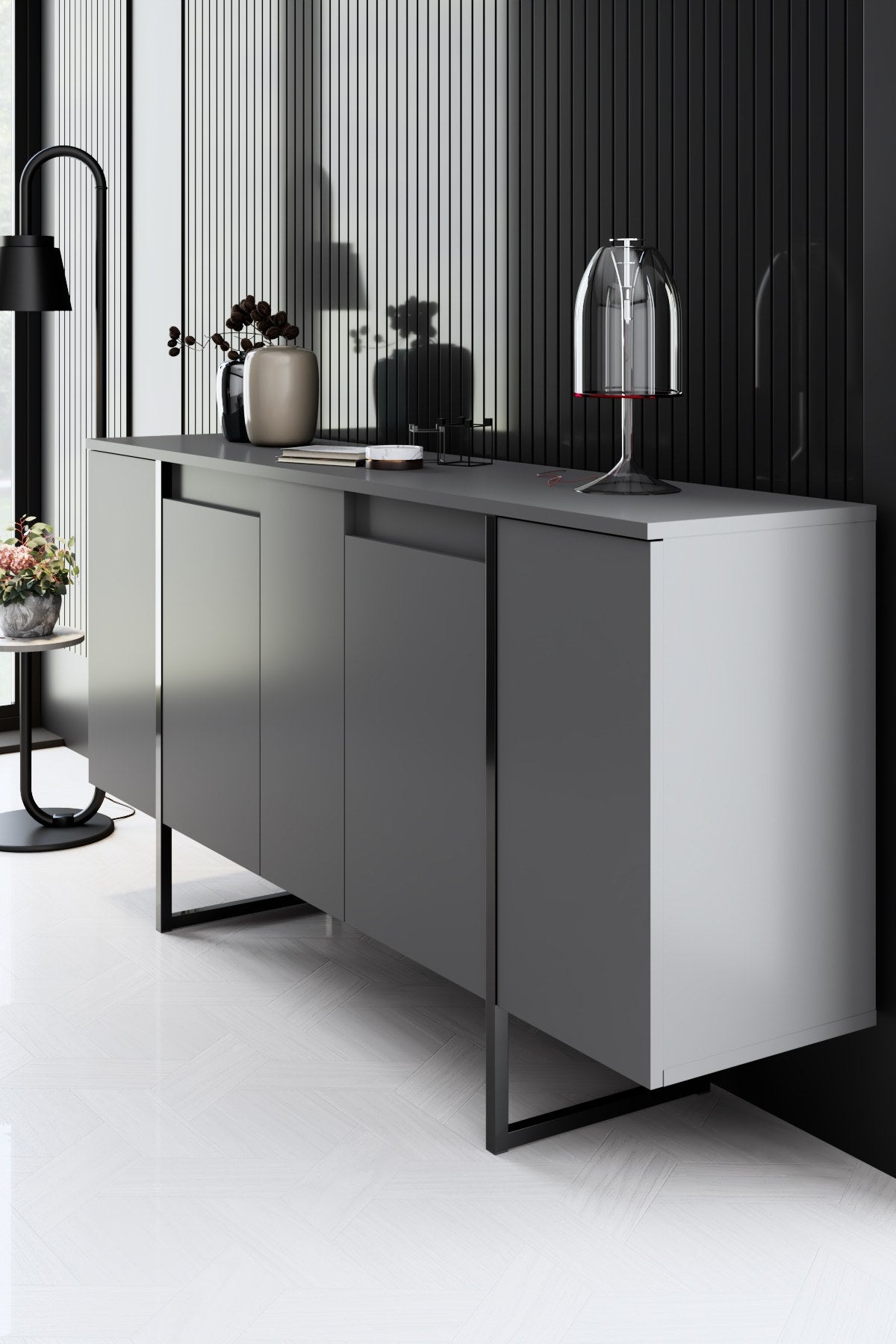 Buffet Moderne Anthracite Luxe 160x80x35 - Cadre Noir