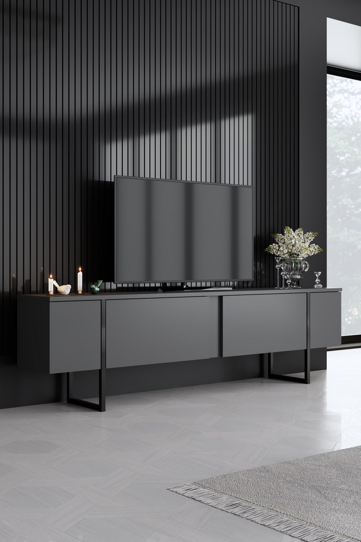 Ensemble de meubles Anthracite Luxe - Table basse + Meuble TV + Buffet - Cadre noir
