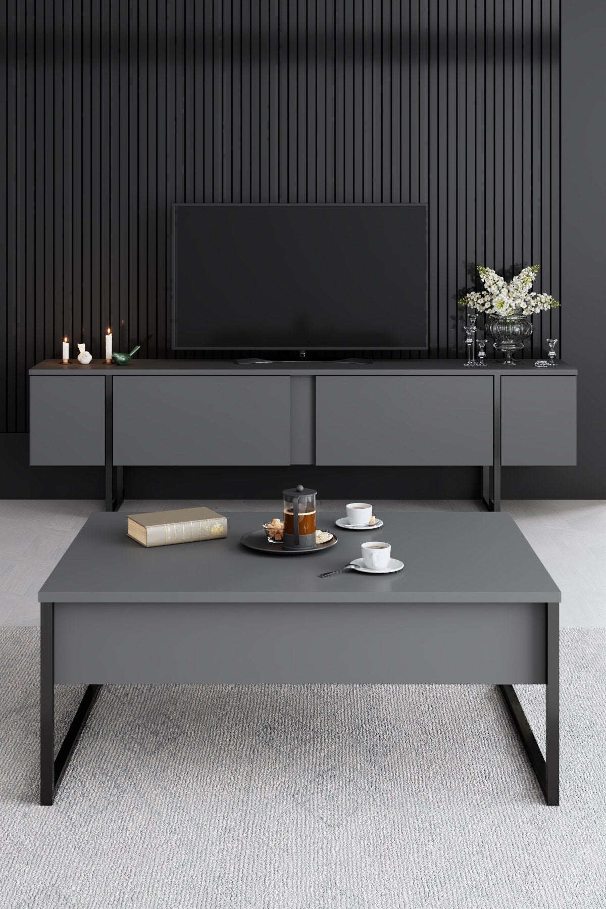 Ensemble de meubles Anthracite Luxe - Table basse + Meuble TV + Buffet - Cadre noir
