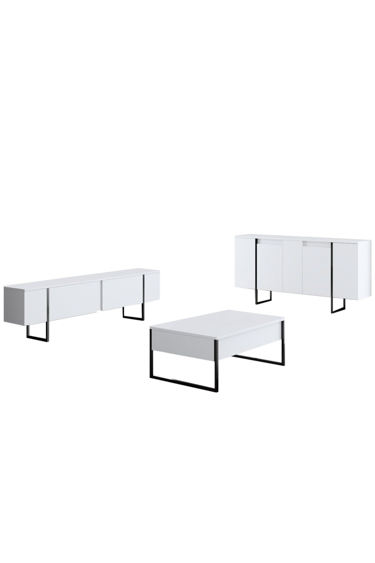 Meubelset Wit Luxe - Salontafel + TV Meubel + Dressoir - Zwart Frame