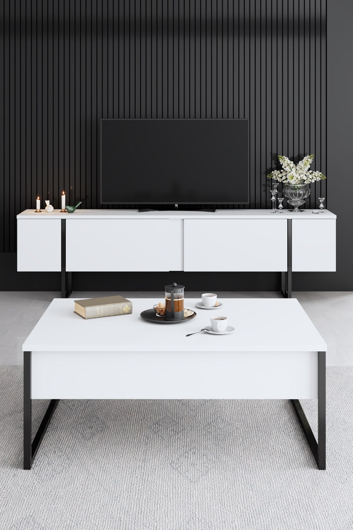 Meubelset Wit Luxe - Salontafel + TV Meubel + Dressoir - Zwart Frame