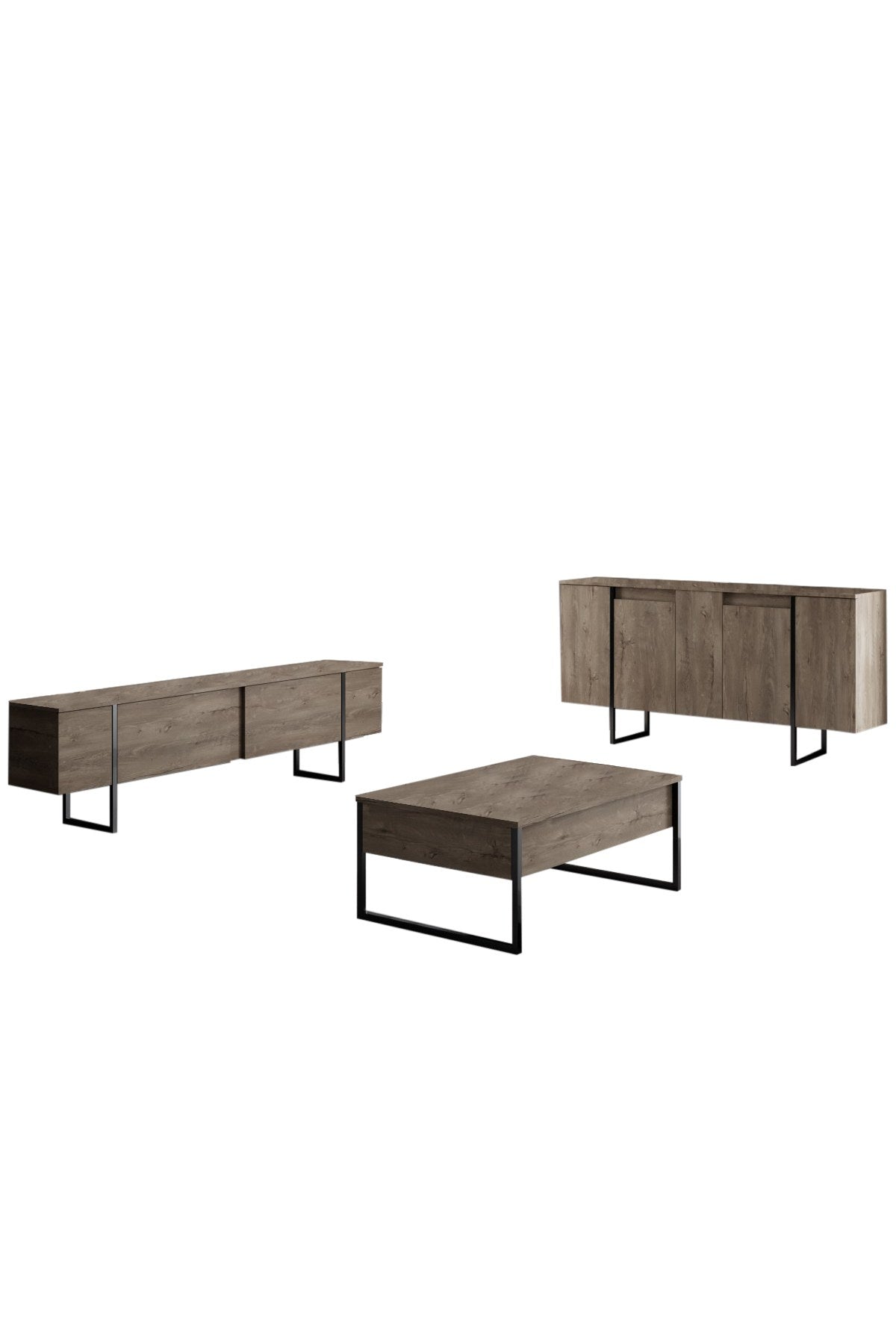 Meubelset Walnoot Luxe - Salontafel + TV Meubel + Dressoir - Zwart Frame