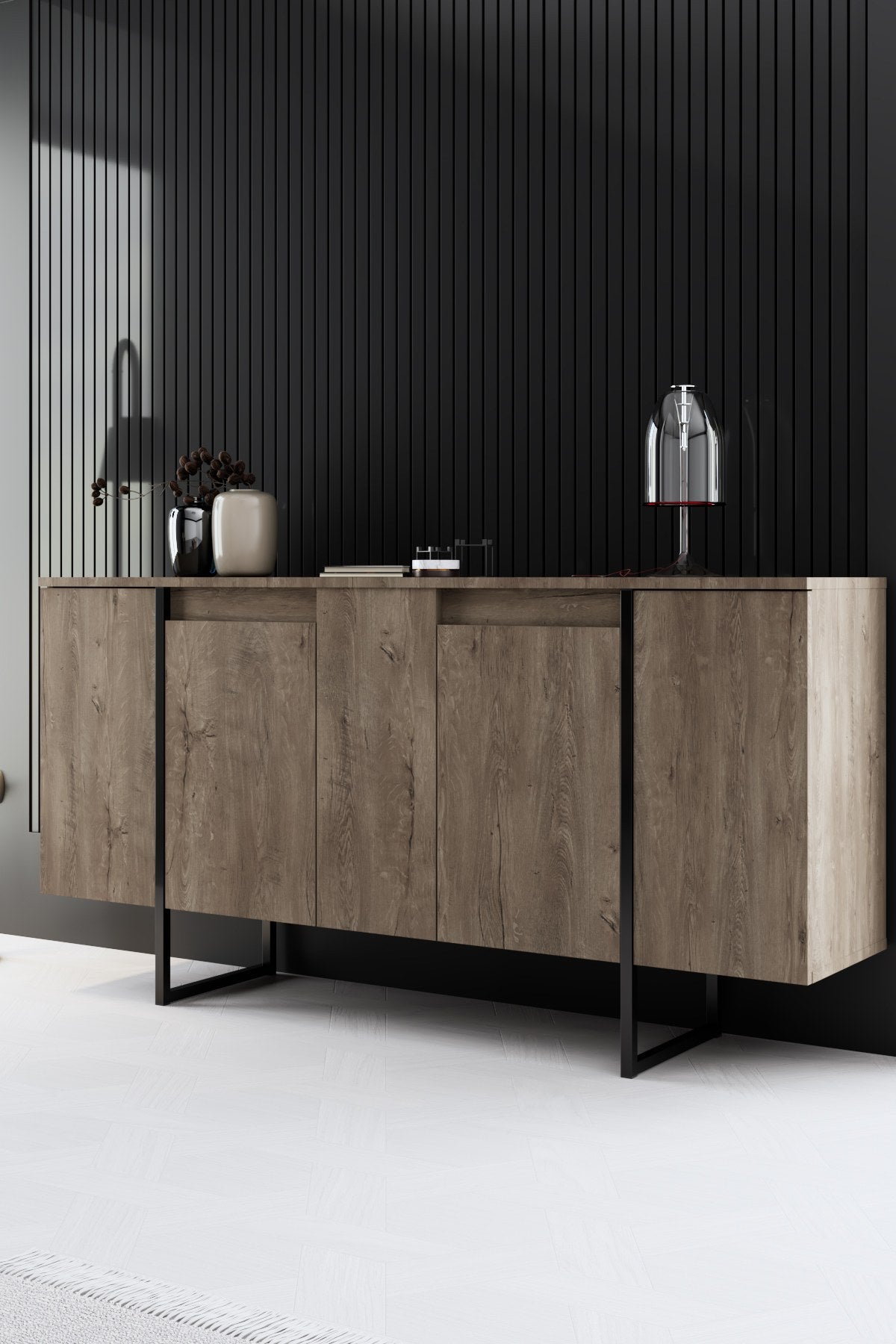 Meubelset Walnoot Luxe - Salontafel + TV Meubel + Dressoir - Zwart Frame