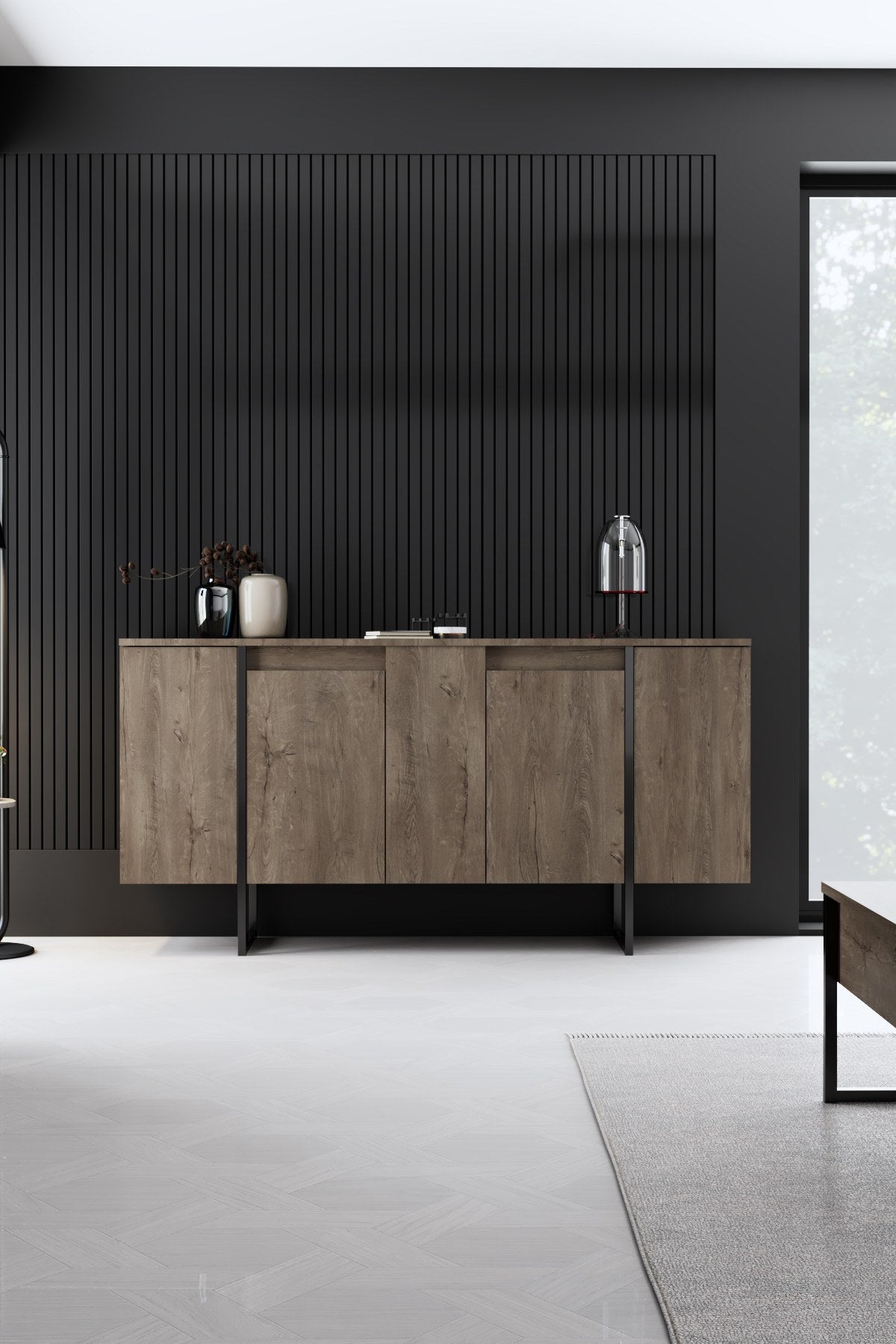 Meubelset Walnoot Luxe - Salontafel + TV Meubel + Dressoir - Zwart Frame