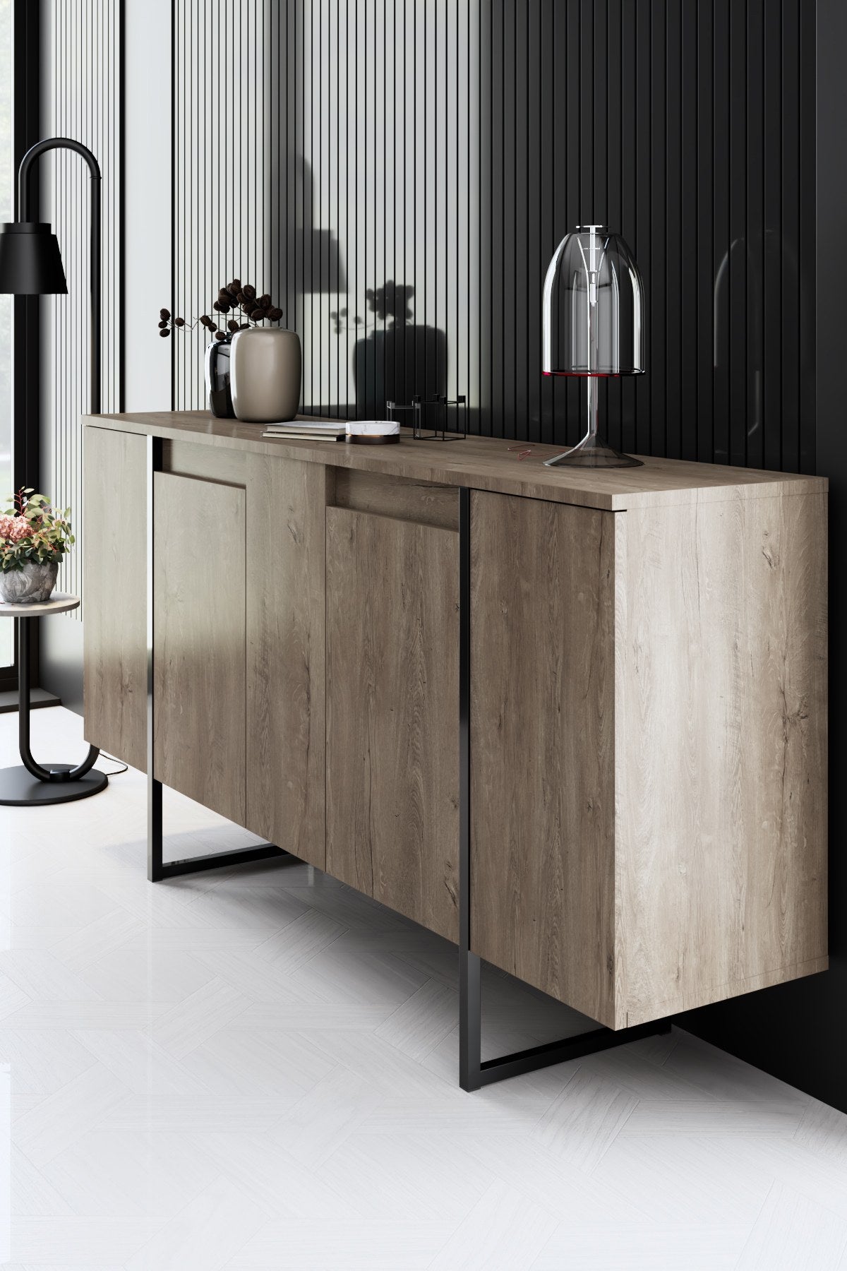 Meubelset Walnoot Luxe - Salontafel + TV Meubel + Dressoir - Zwart Frame
