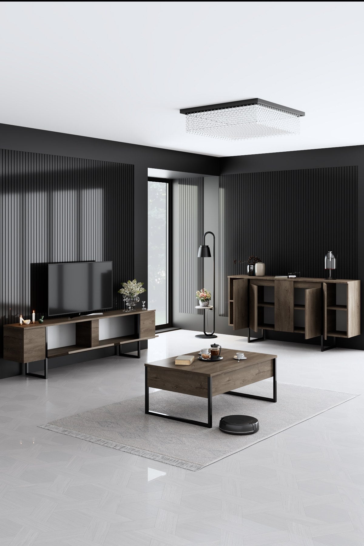 Meubelset Walnoot Luxe - Salontafel + TV Meubel + Dressoir - Zwart Frame