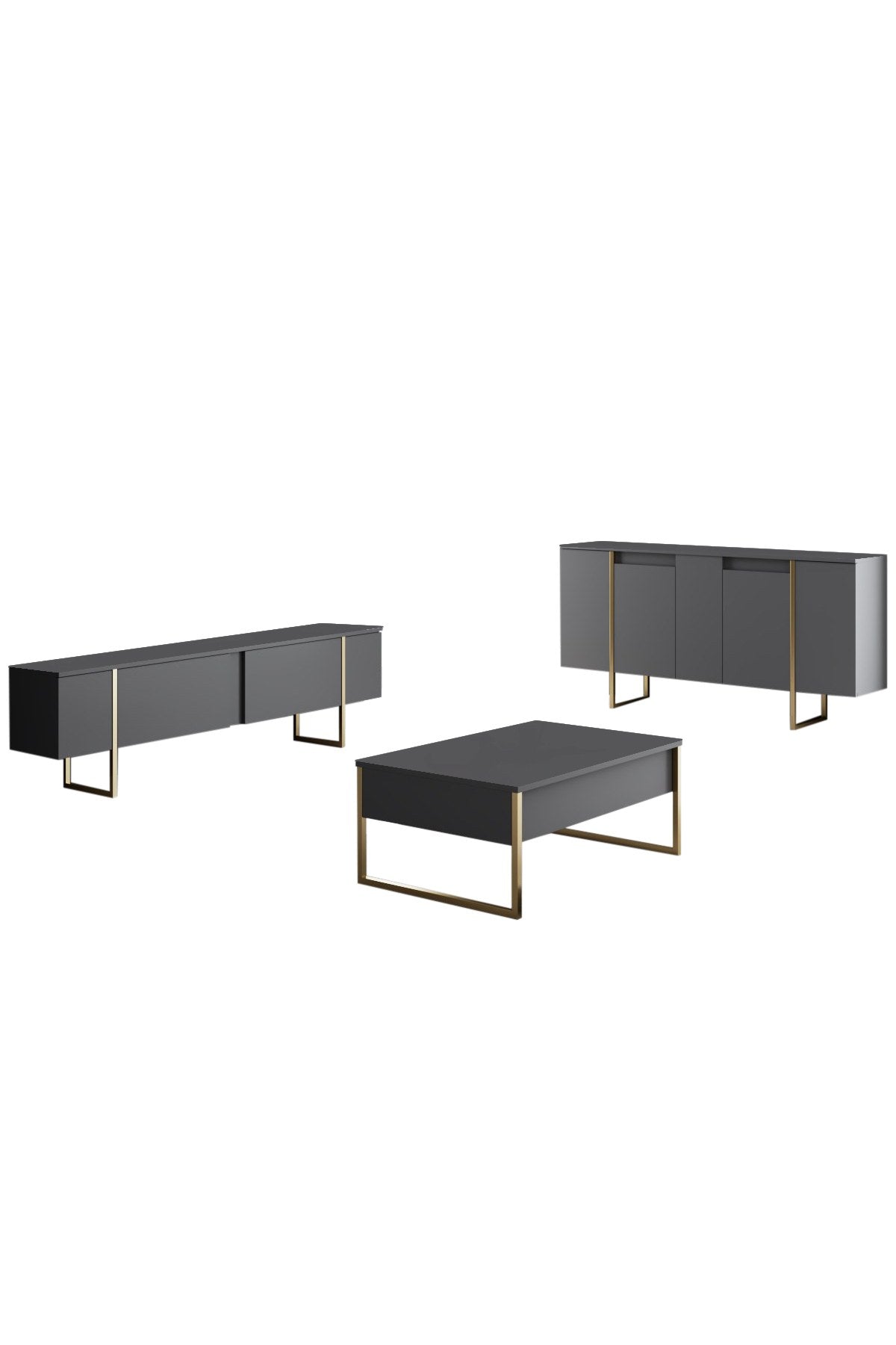 Meubelset Antraciet Luxe - Salontafel + TV Meubel + Dressoir - Gouden Frame