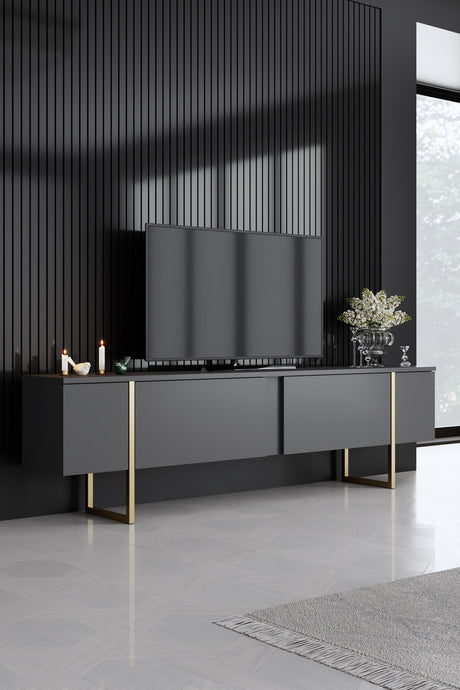 Ensemble de meubles Anthracite Luxe - Table basse + Meuble TV + Buffet - Cadre doré