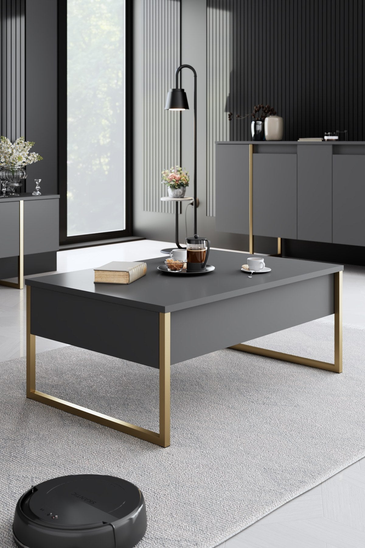 Meubelset Antraciet Luxe - Salontafel + TV Meubel + Dressoir - Gouden Frame