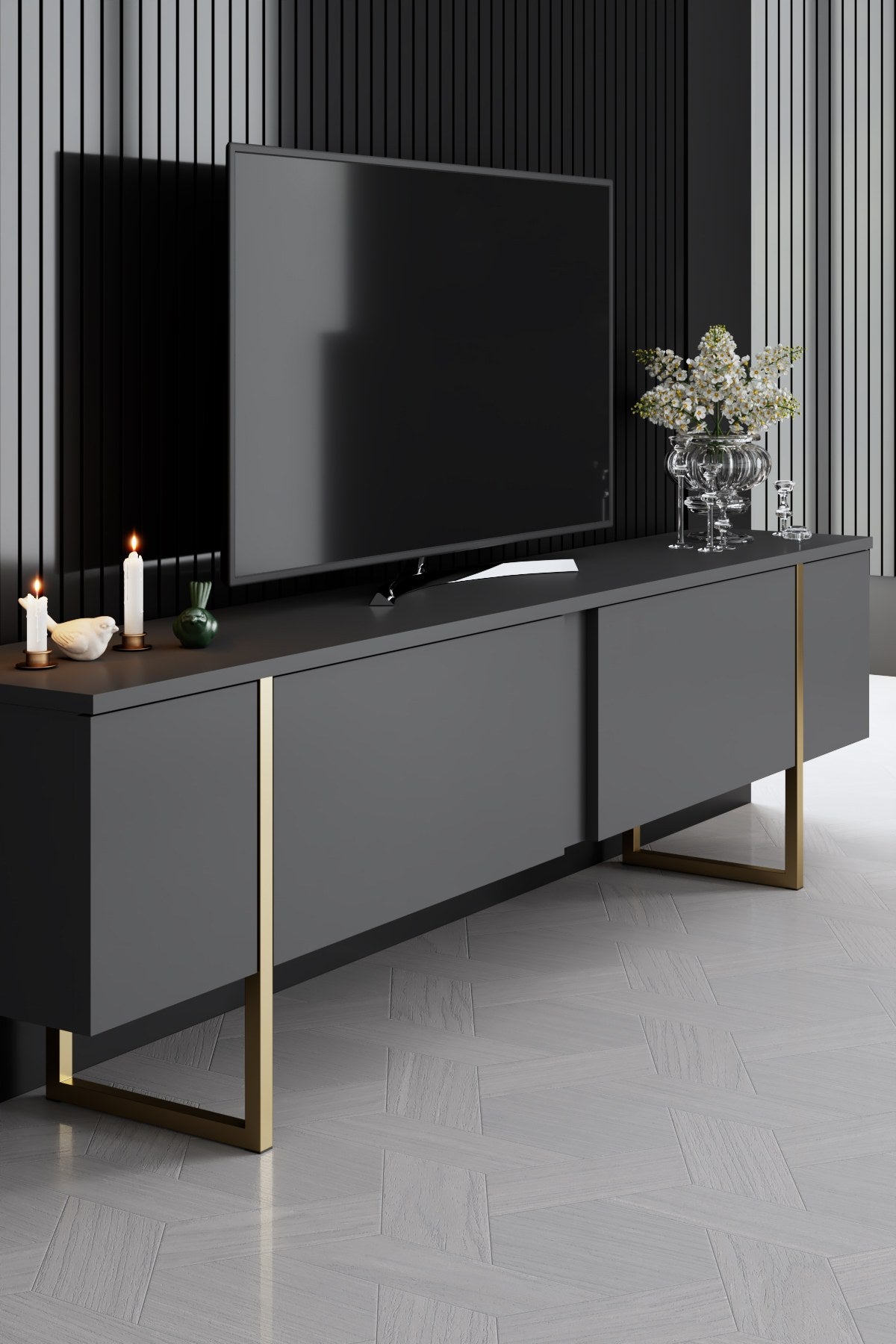 Meubelset Antraciet Luxe - Salontafel + TV Meubel + Dressoir - Gouden Frame