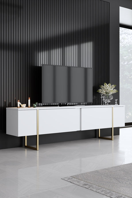 Ensemble de meubles de luxe blanc - Table basse + Meuble TV + Buffet - Cadre doré