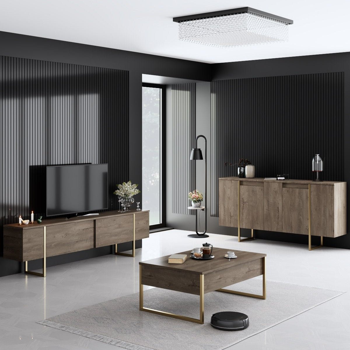 Ensemble de meubles de luxe en noyer - Table basse, meuble TV et buffet - Cadre doré