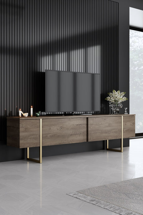 Ensemble de meubles de luxe en noyer - Table basse, meuble TV et buffet - Cadre doré