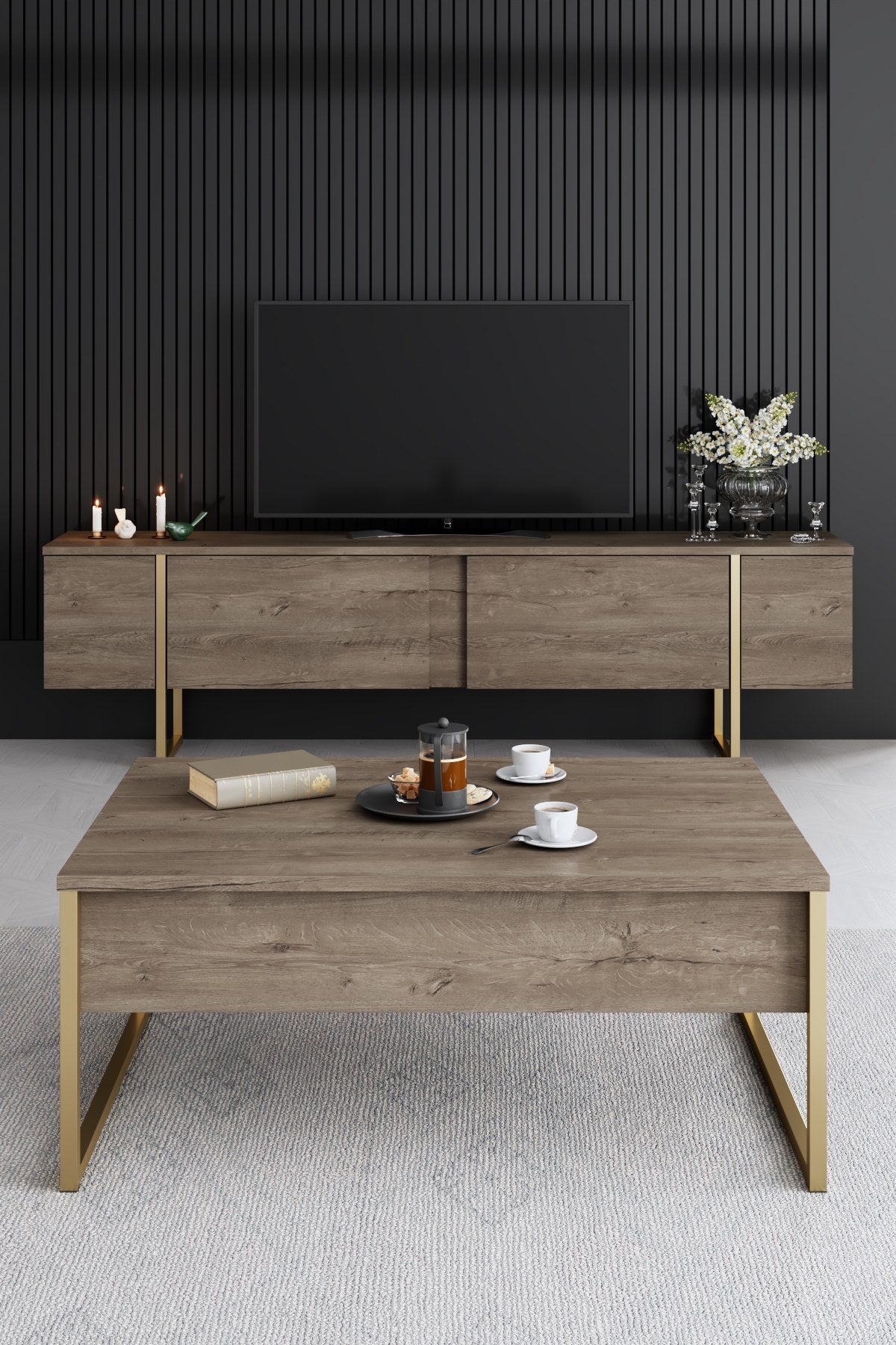 Ensemble de meubles de luxe en noyer - Table basse, meuble TV et buffet - Cadre doré
