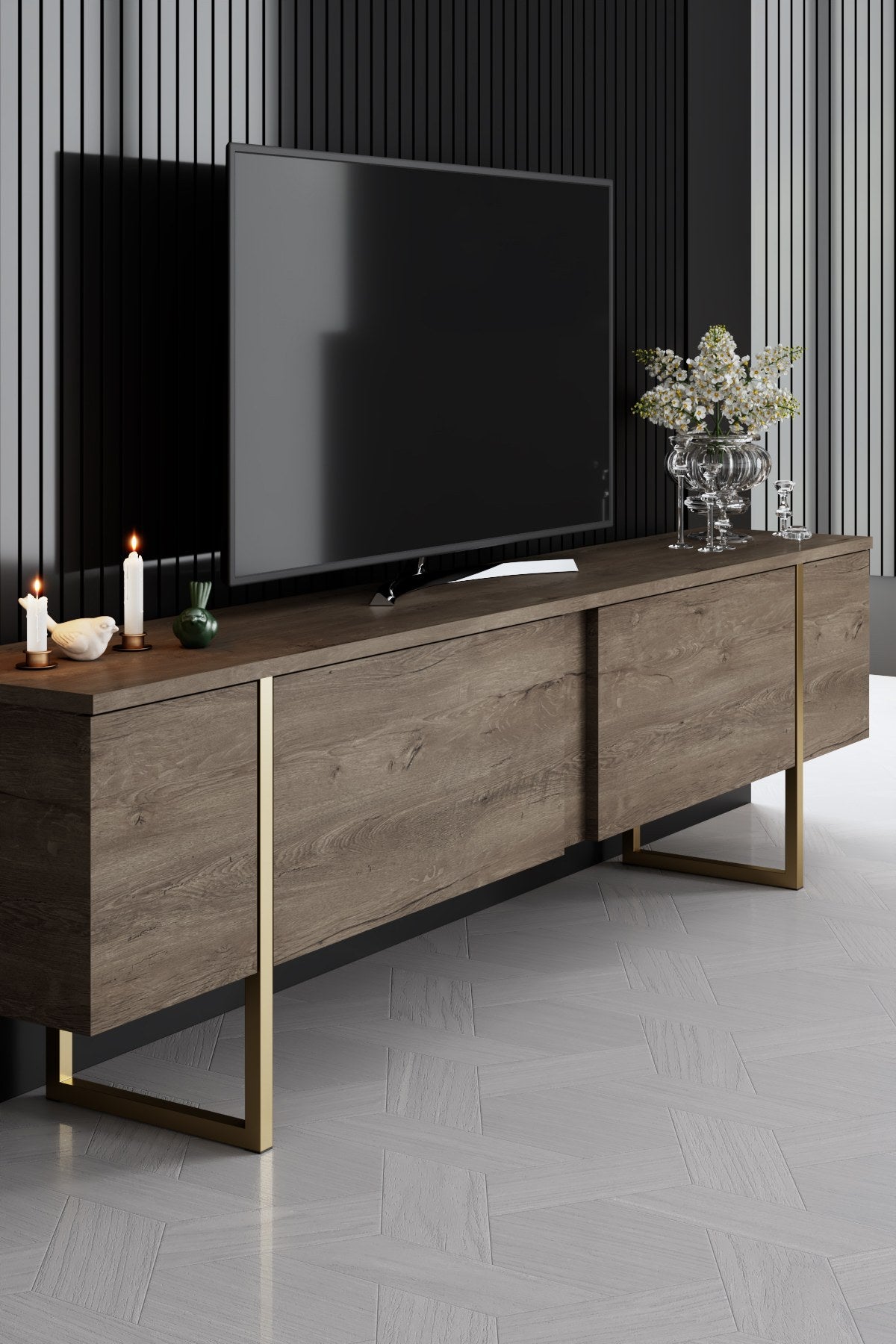 Meubelsets - Meubelset Walnoot Luxe - Salontafel + TV Meubel + Dressoir - Gouden Frame - Dimehouse