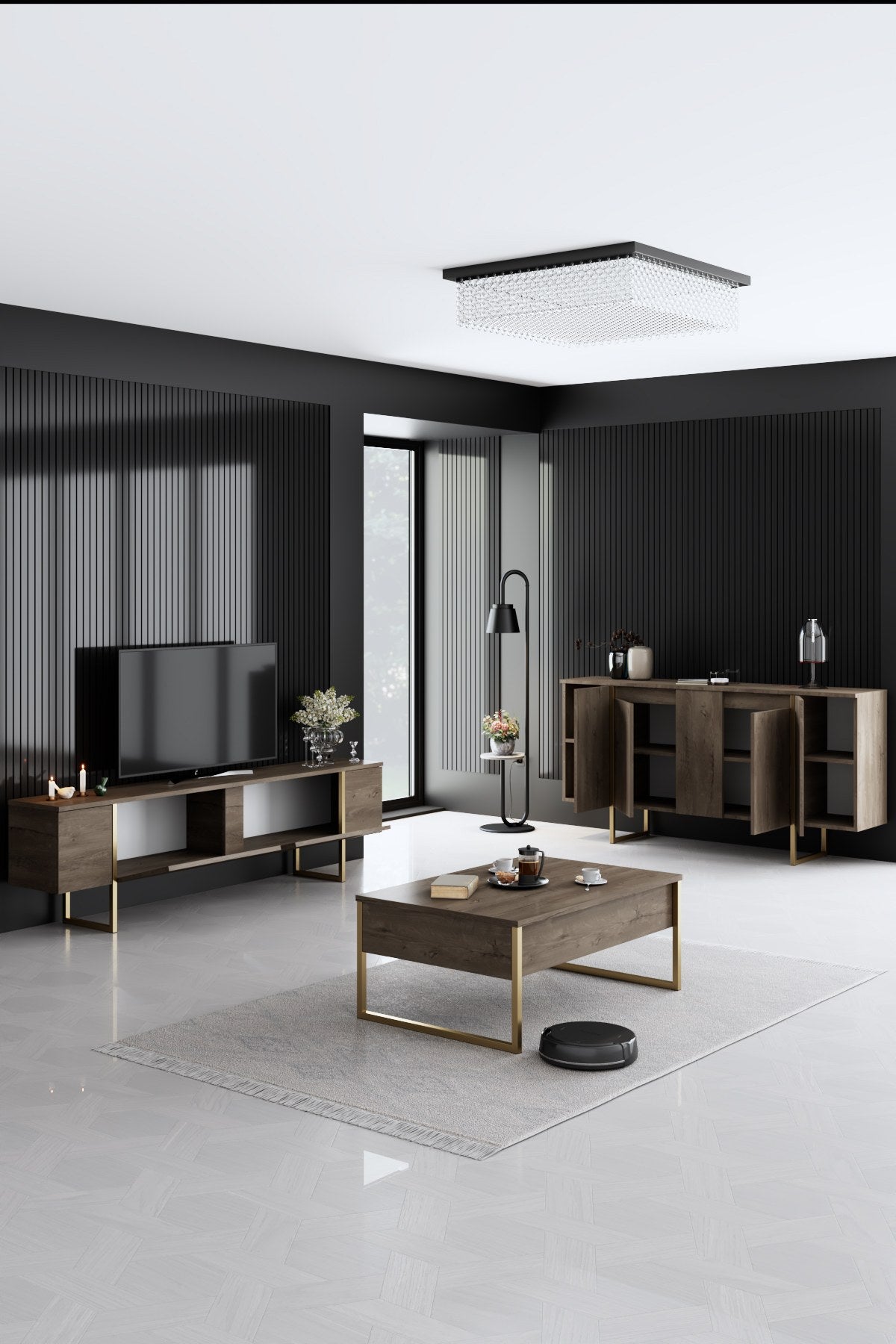 Ensemble de meubles de luxe en noyer - Table basse, meuble TV et buffet - Cadre doré