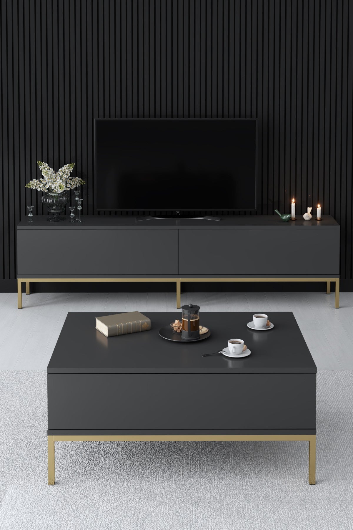 Ensemble de meubles Anthracite Lord - Table basse + Meuble TV + Buffet - Cadre doré