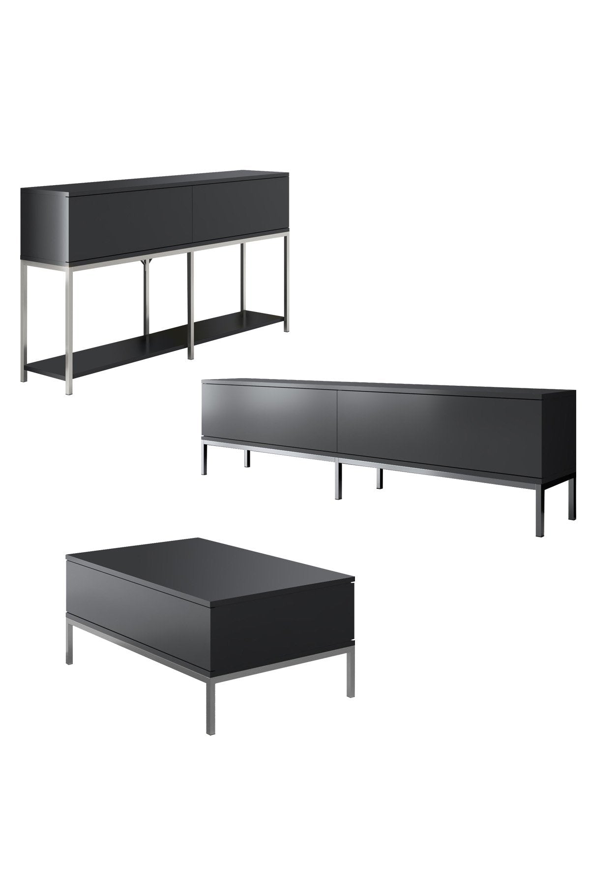 Ensemble de meubles Anthracite Lord - Table basse + Meuble TV + Buffet - Cadre argenté