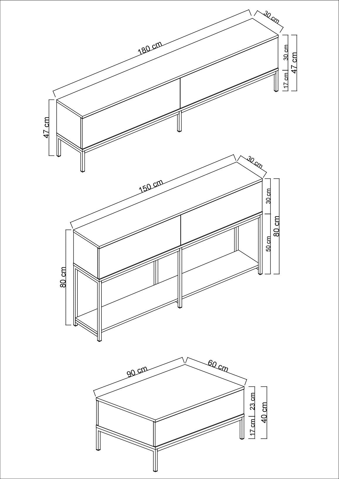 Ensemble de meubles Anthracite Lord - Table basse + Meuble TV + Buffet - Cadre argenté