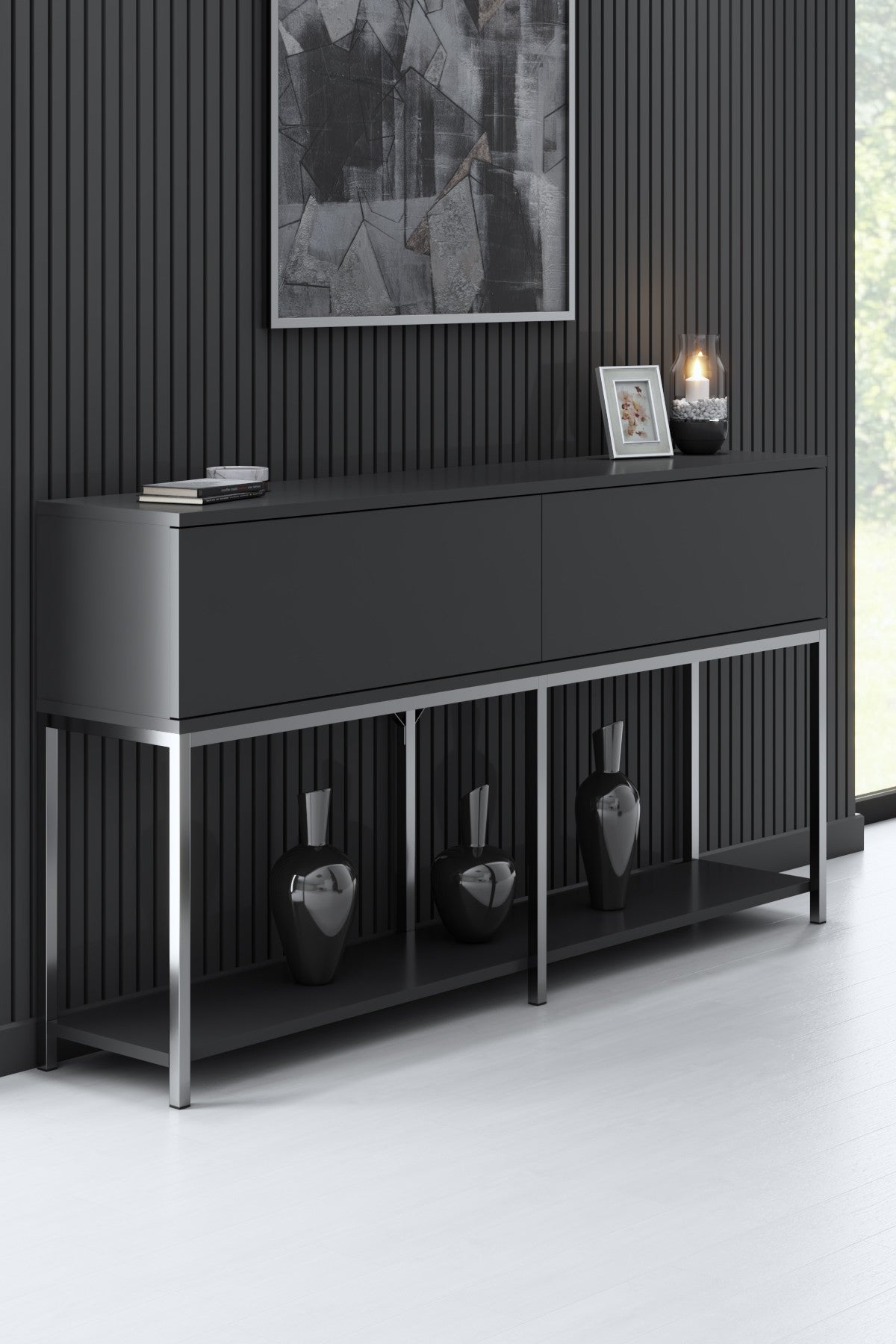 Ensemble de meubles Anthracite Lord - Table basse + Meuble TV + Buffet - Cadre argenté