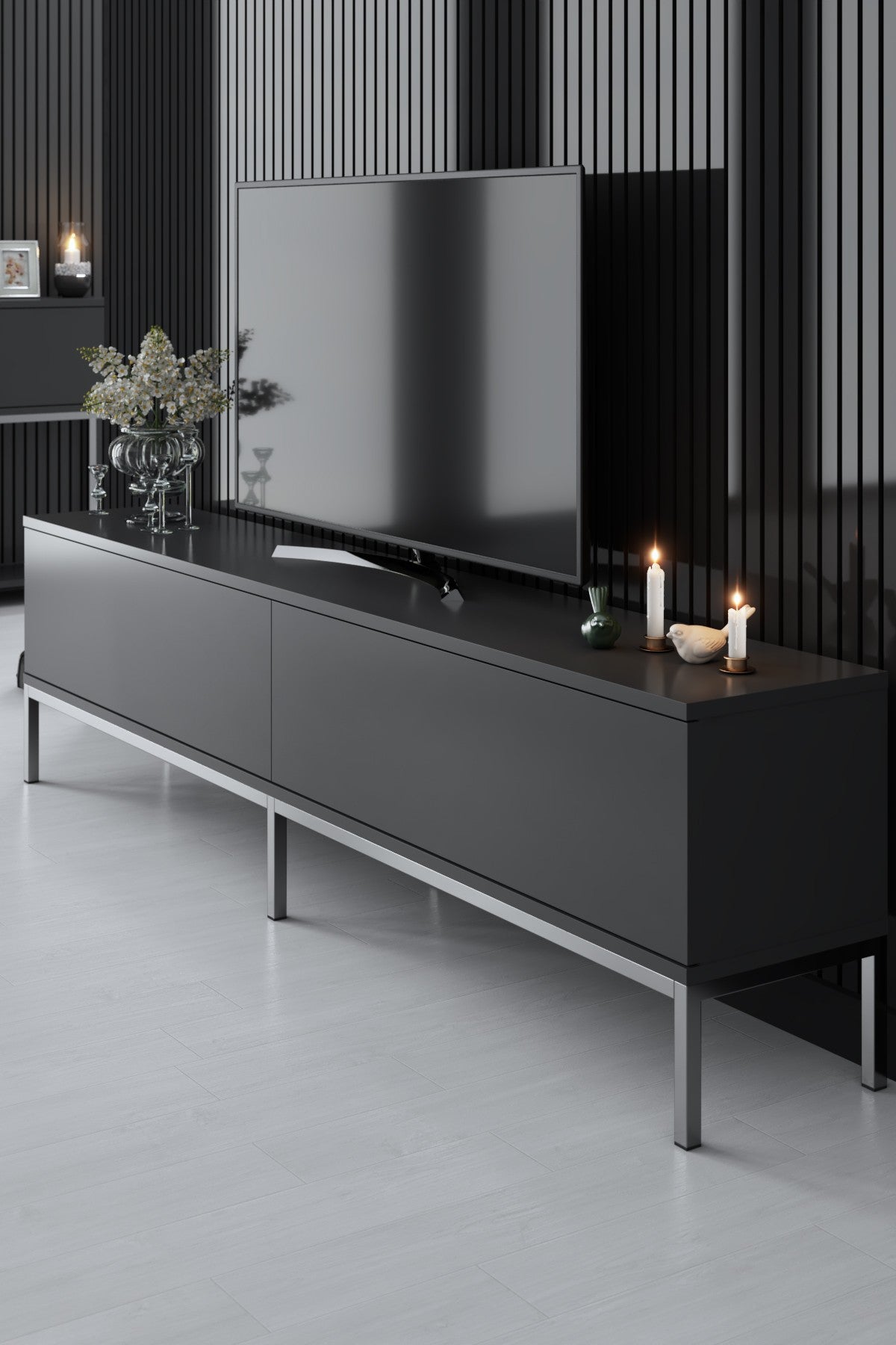 Ensemble de meubles Anthracite Lord - Table basse + Meuble TV + Buffet - Cadre argenté