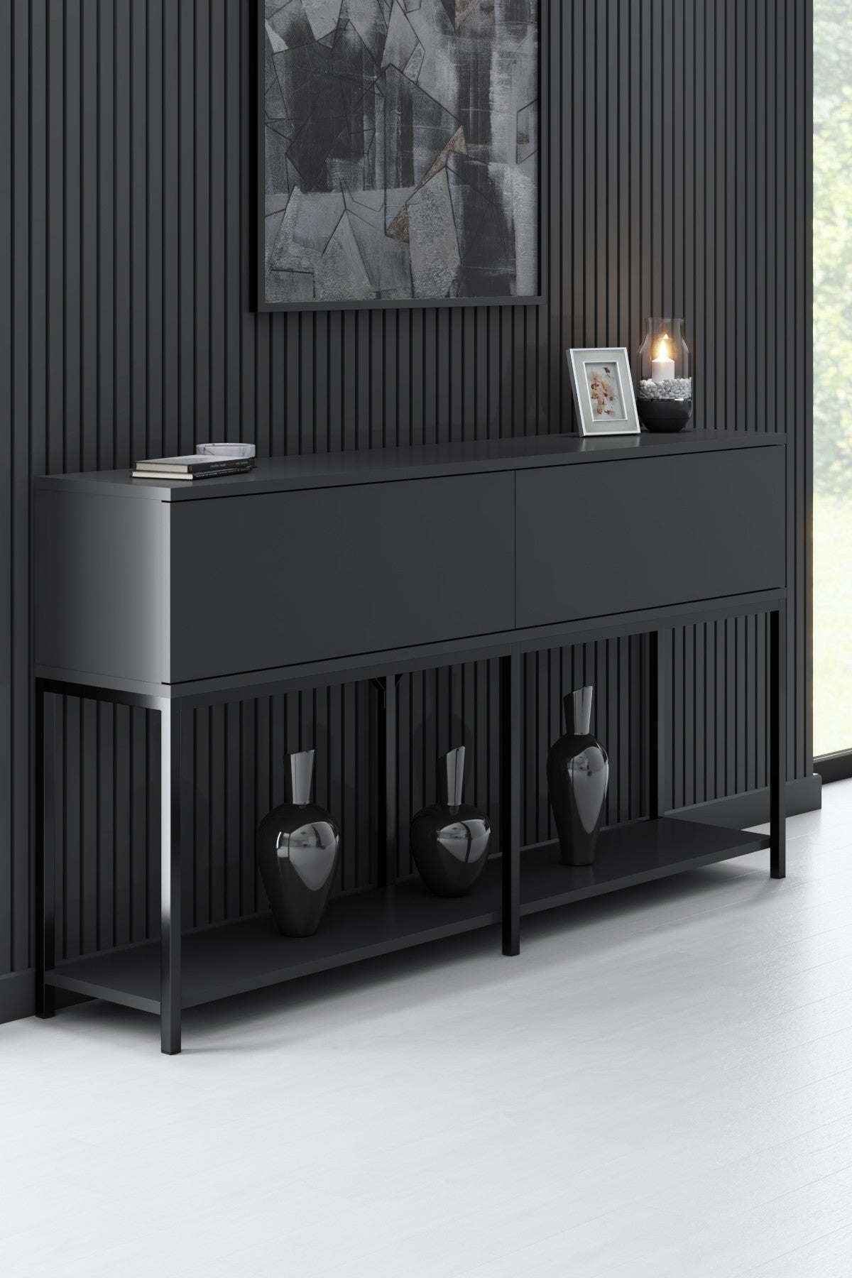 Ensemble de meubles Anthracite Lord - Table basse + Meuble TV + Buffet - Cadre noir