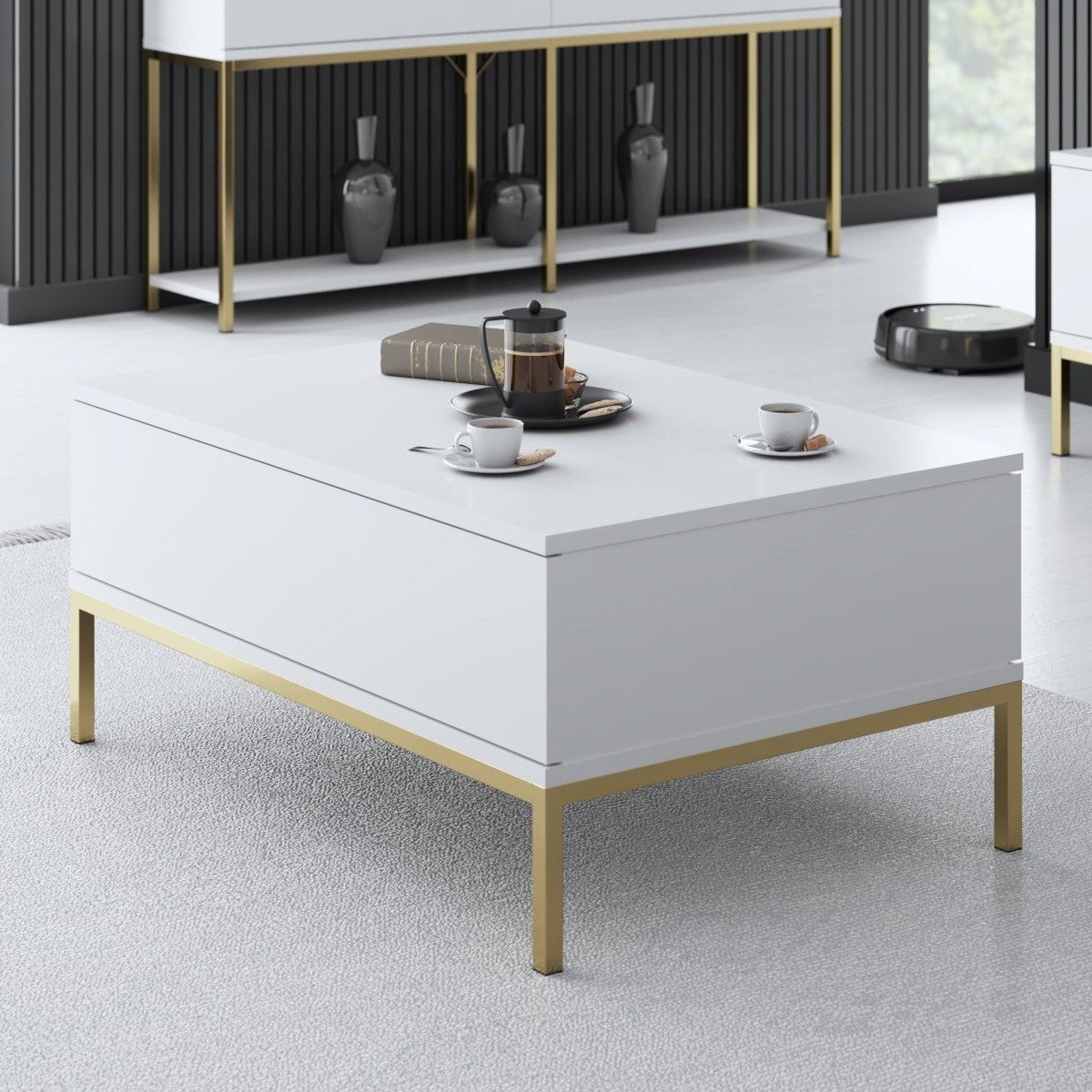 Table basse rectangulaire White Lord 90x60 - Cadre doré