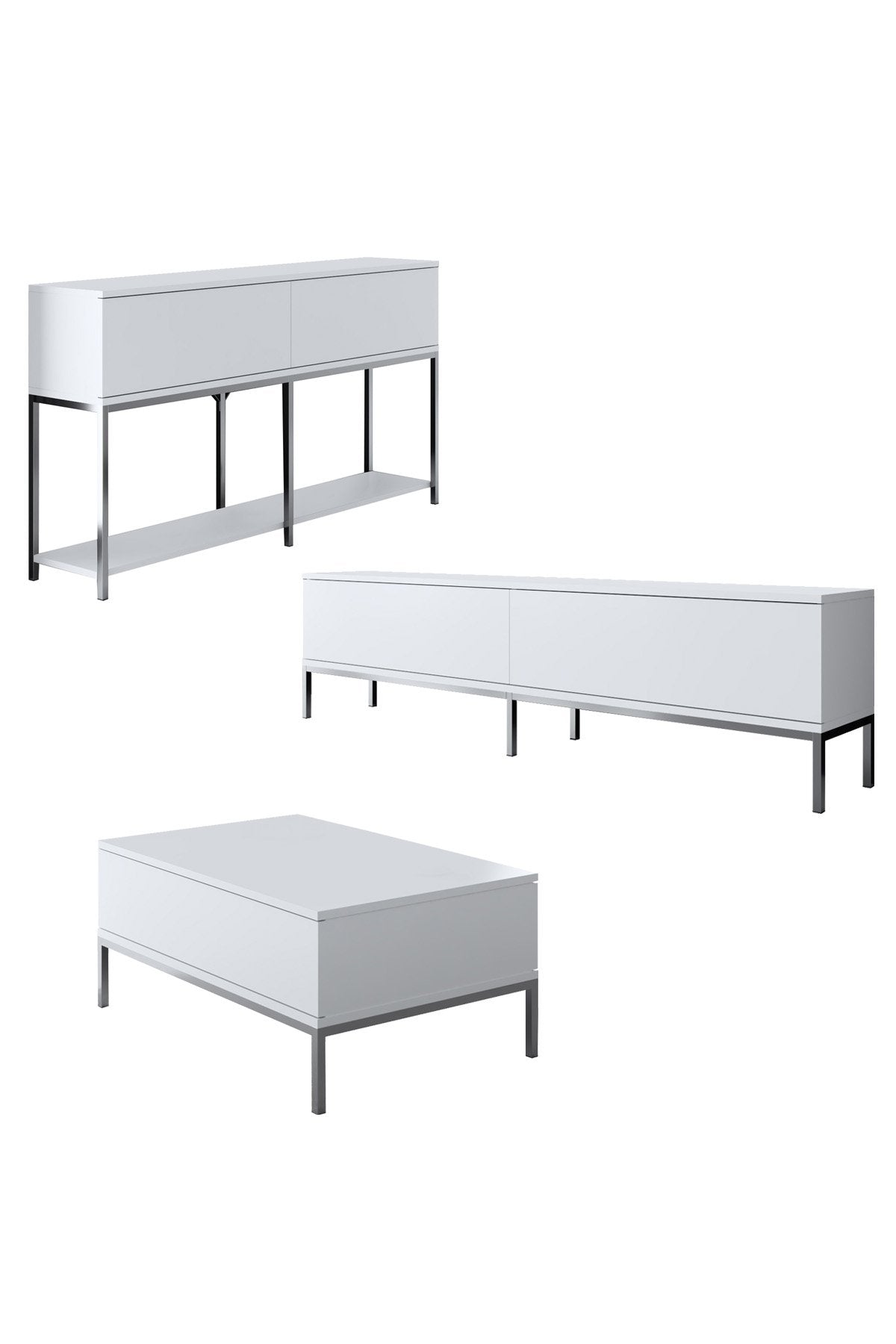 Ensemble de meubles Blanc Lord - Table basse + Meuble TV + Buffet - Cadre Argent
