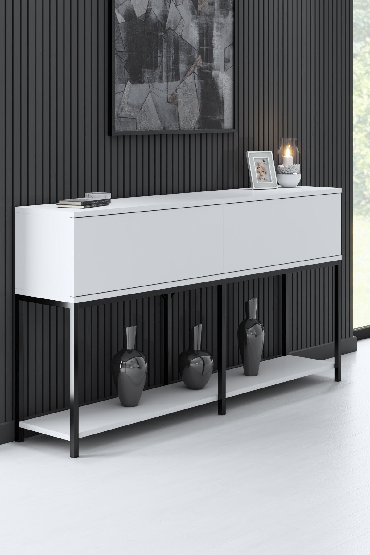 Ensemble de meubles White Lord - Table basse + Meuble TV + Buffet - Cadre noir